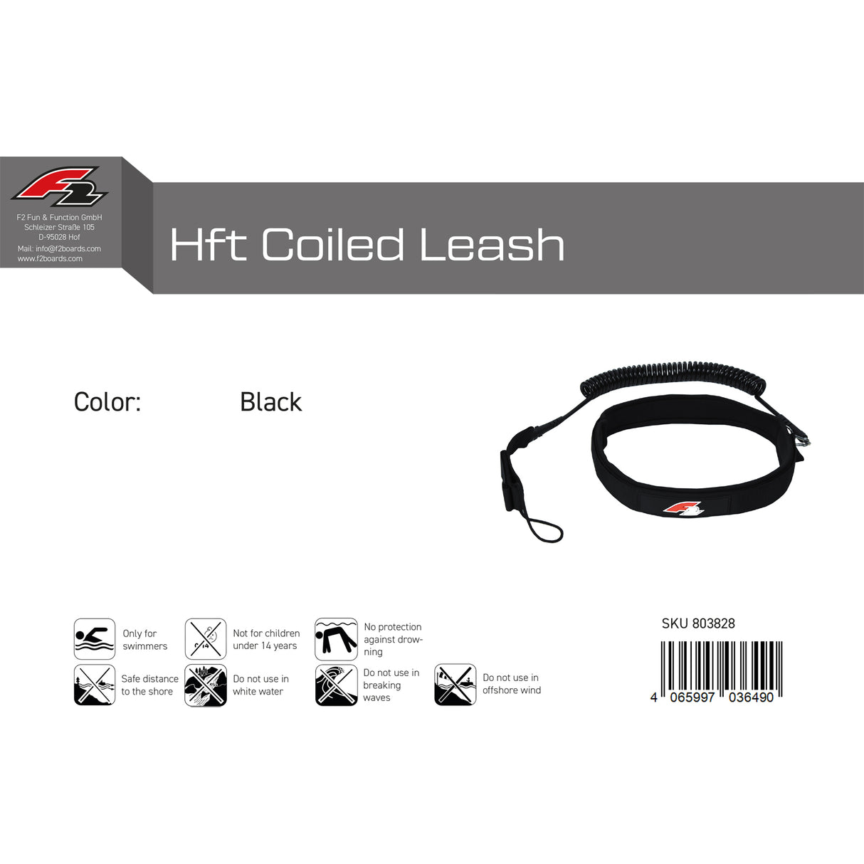 F2 Stand Up Paddling Leash Hüft Coiled Leash Schwarz 2024/25