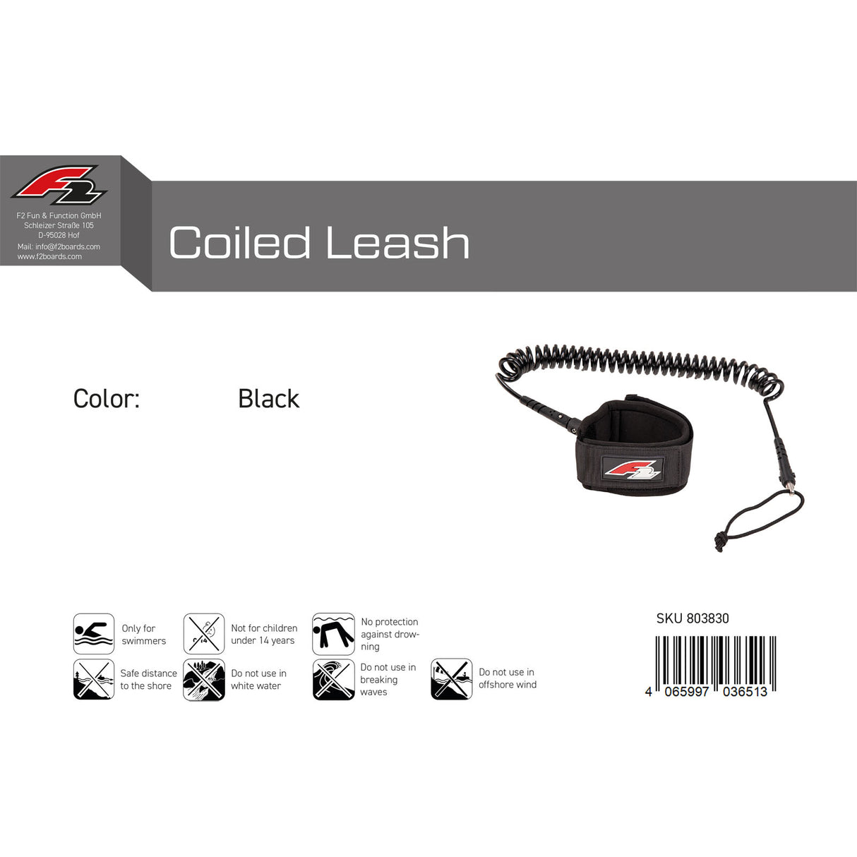 F2 Stand Up Paddling Leash Fuß Coiled Leash Schwarz 2024/25