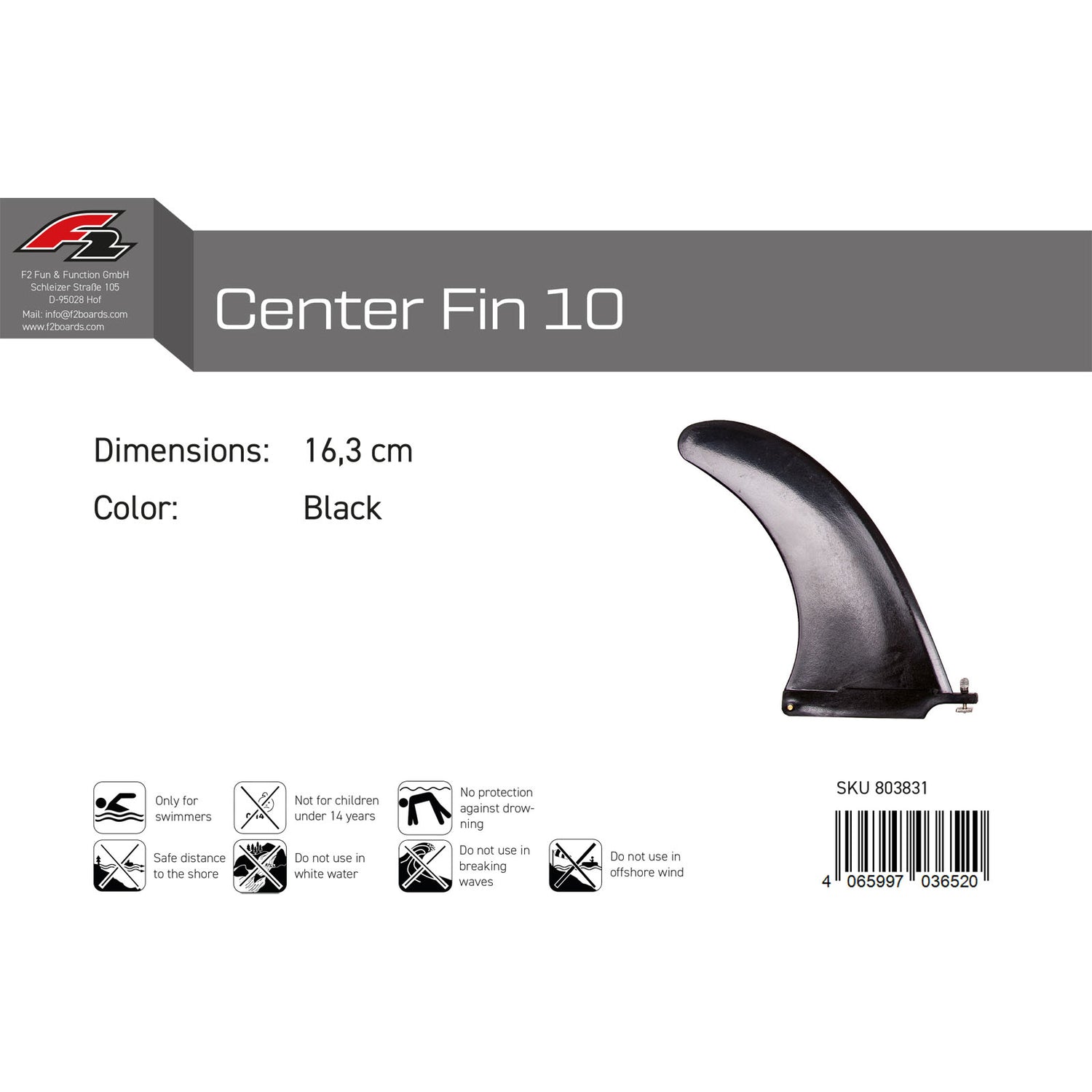 F2   Finne Center Fin 10" US Box mit Schraube und Mutter 16,3 cm Schwarz 2024/25
