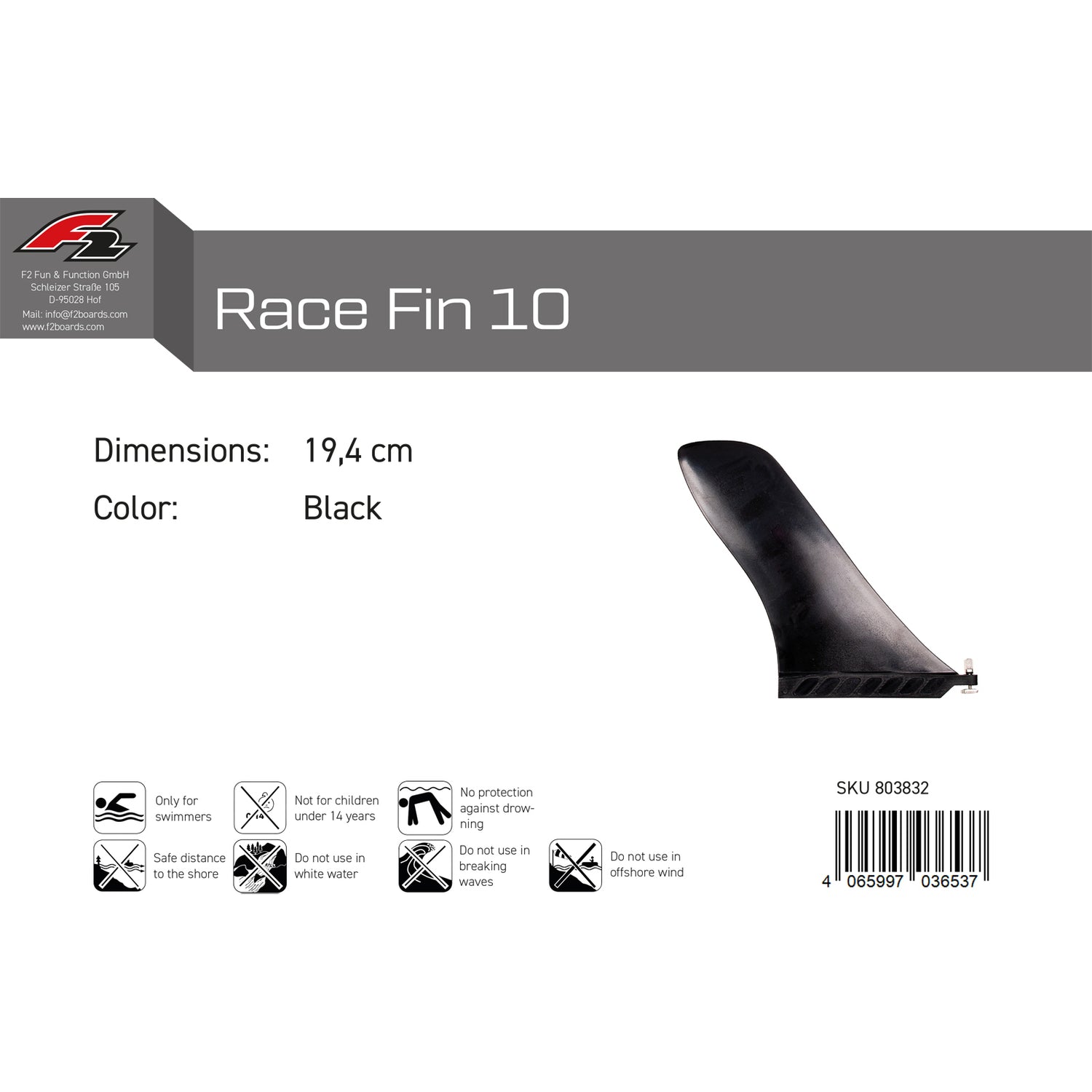 F2   Finne Race Fin 10" US Box mit Schraube und Mutter 19,4 cm Schwarz 2024/25