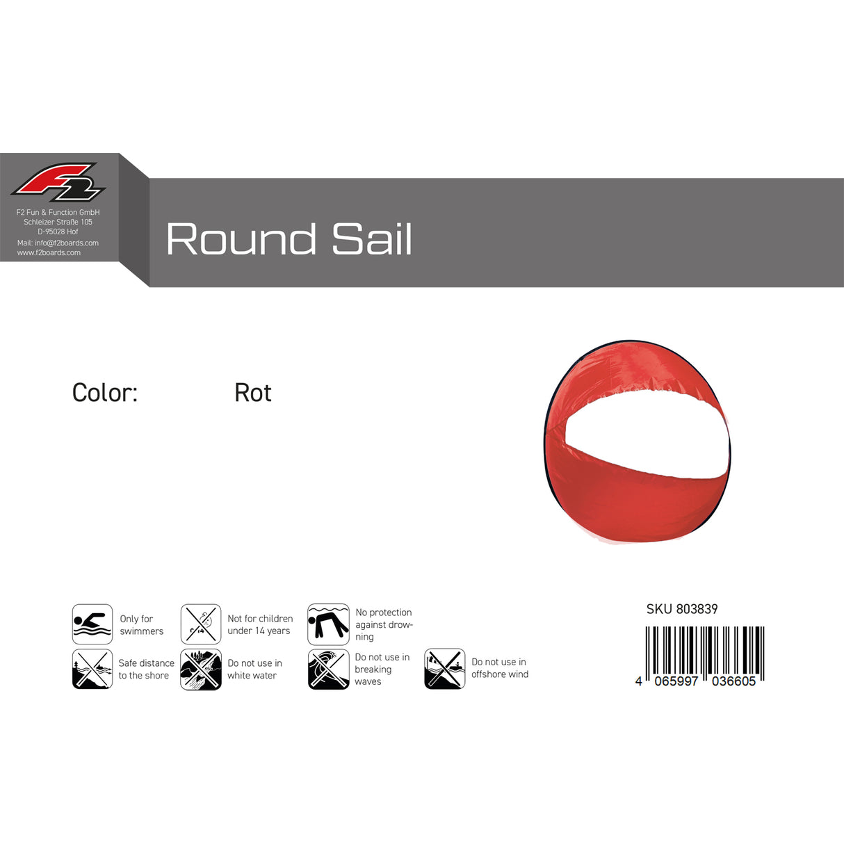 F2 SUP Segel Round Sail Rot/Blau Farbe wählbar 2024/25