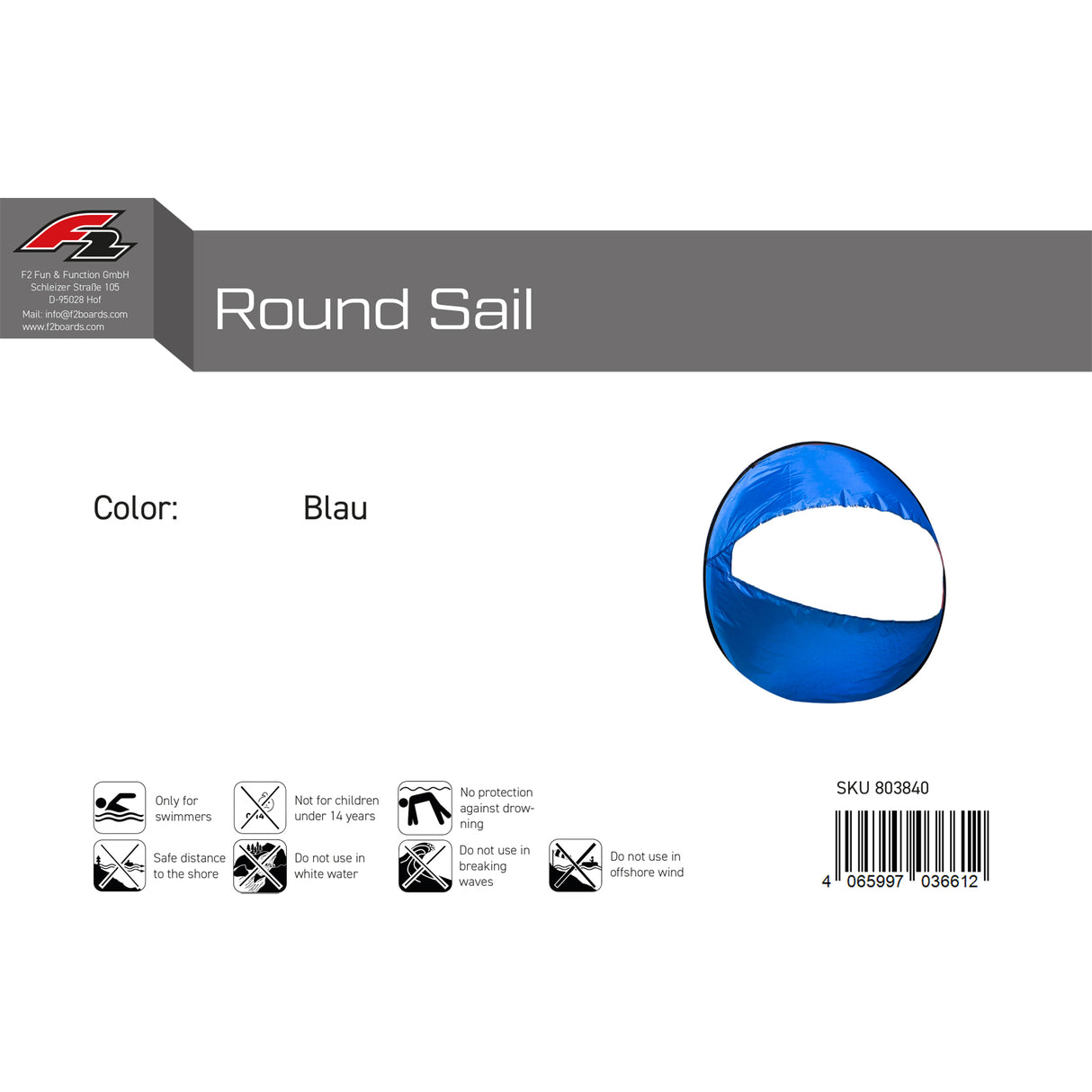 F2 SUP Segel Round Sail Rot/Blau Farbe wählbar 2024/25
