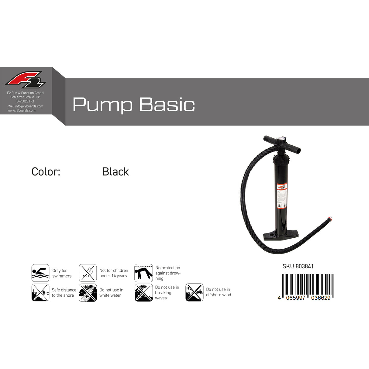 F2 Pumpe Pump Basic SUP Kite Paddelboot Schwarz 2024/25