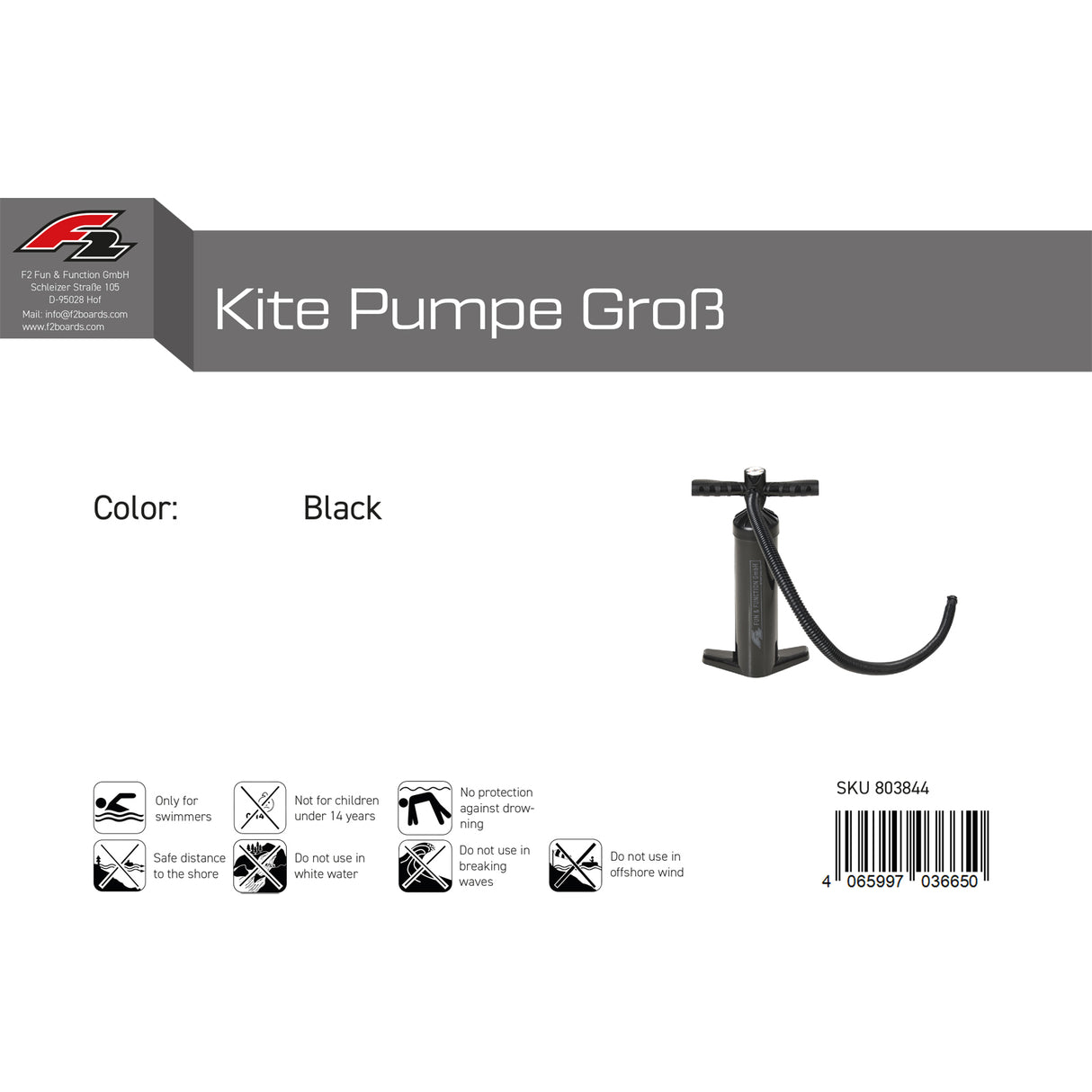 F2 Pumpe Kite Pumpe Groß SUP Kite Paddelboot Schwarz 2024/25