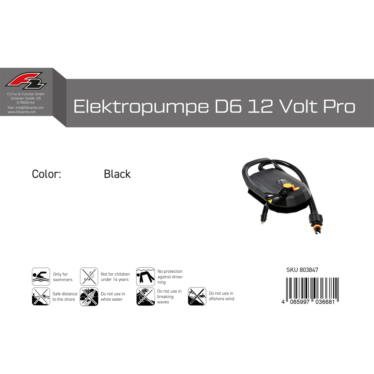 F2   Pumpe Elektropumpe D6 12 Volt Pro SUP Kite Paddelboot  Schwarz 2024/25