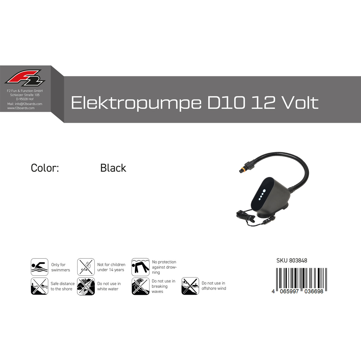 F2   Pumpe Elektropumpe D10 12 Volt SUP Kite Paddelboot  Schwarz 2024/25