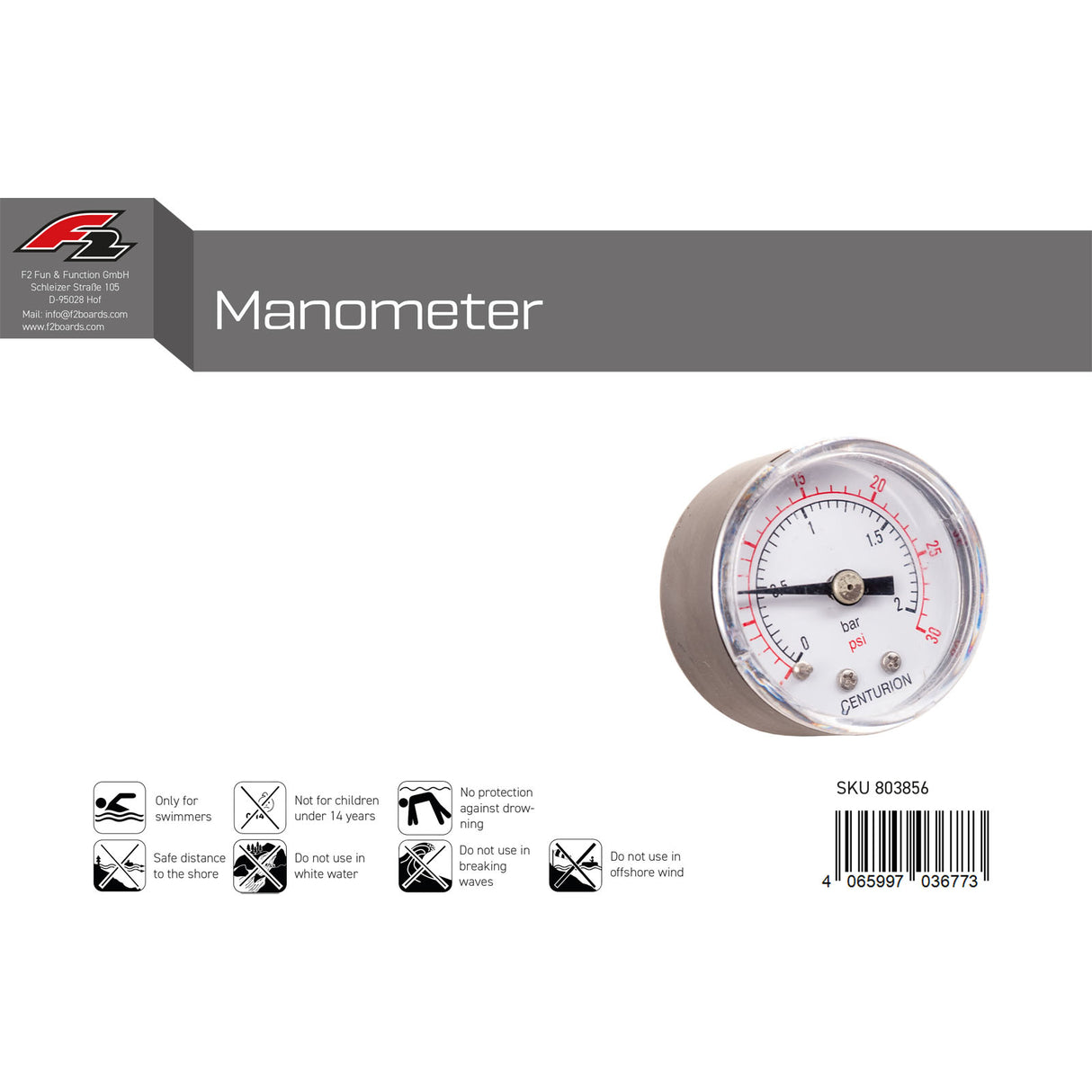 F2 Manometer SUP Druckmessgerät Schlauchboot SUP Zubehör Grau 2024/25