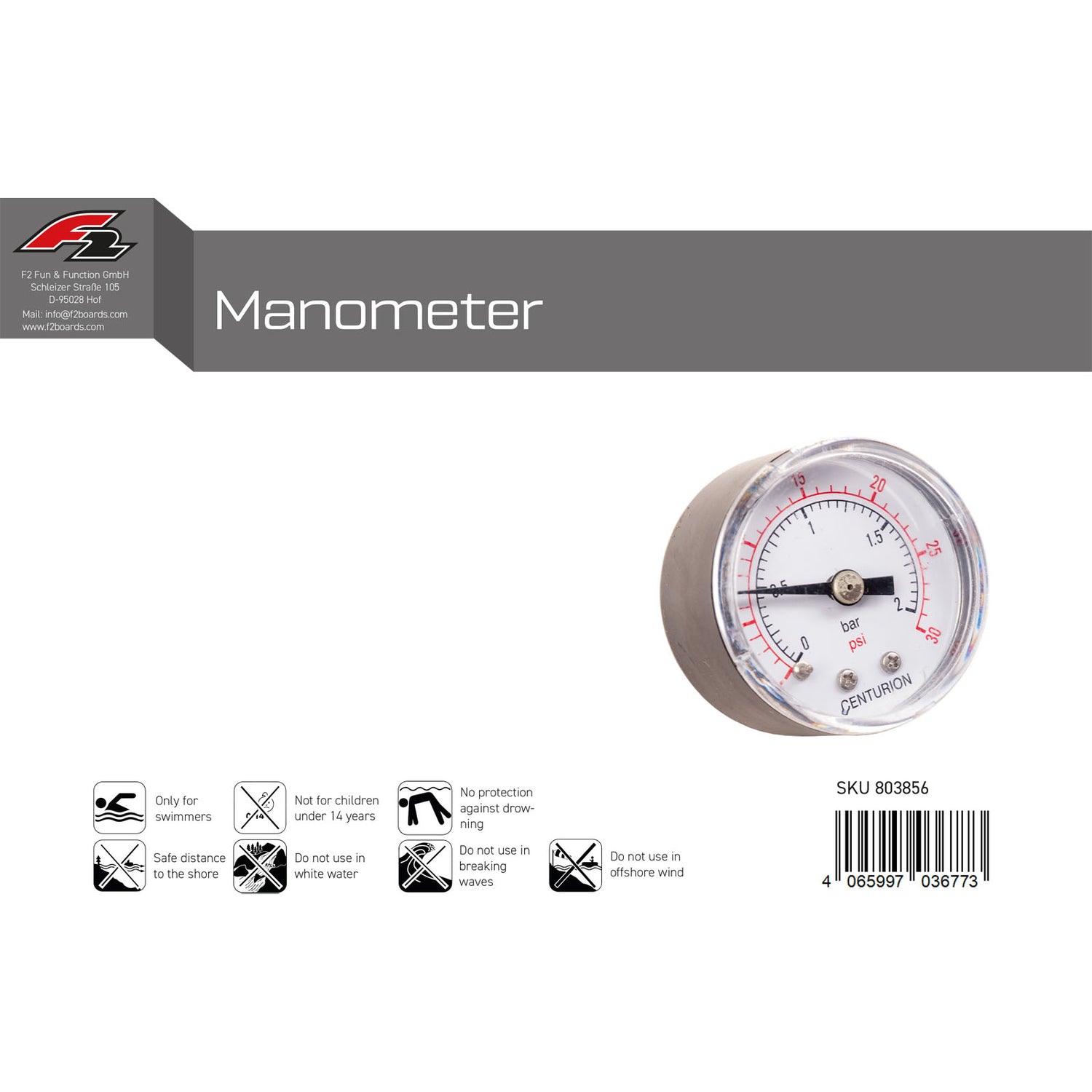 F2 Manometer SUP Druckmessgerät Schlauchboot SUP Zubehör Grau 2024/25