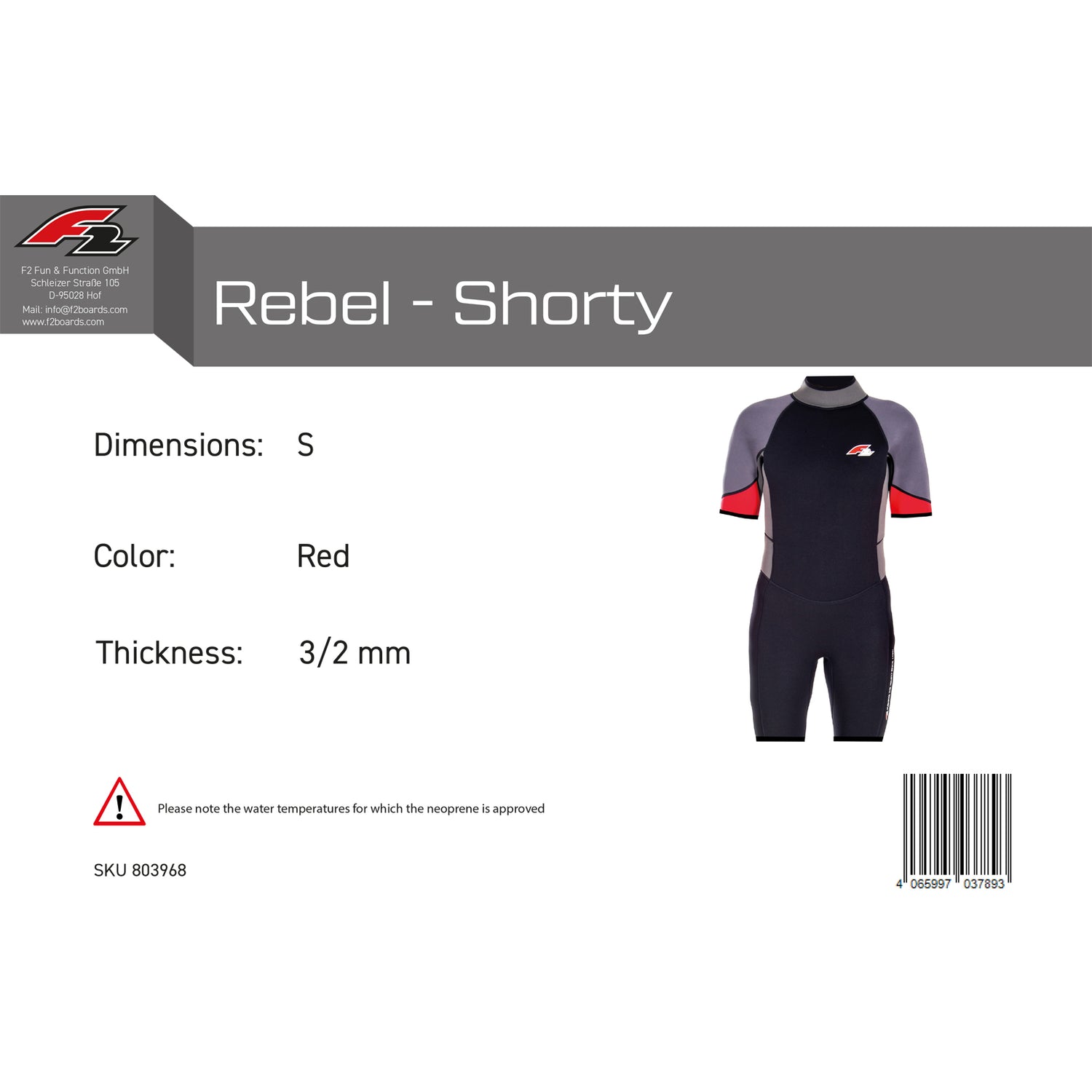 F2 Herren Neopren Anzug Rebel - Shorty 3/2 mm Farbe/Größe wählbar 2024/25