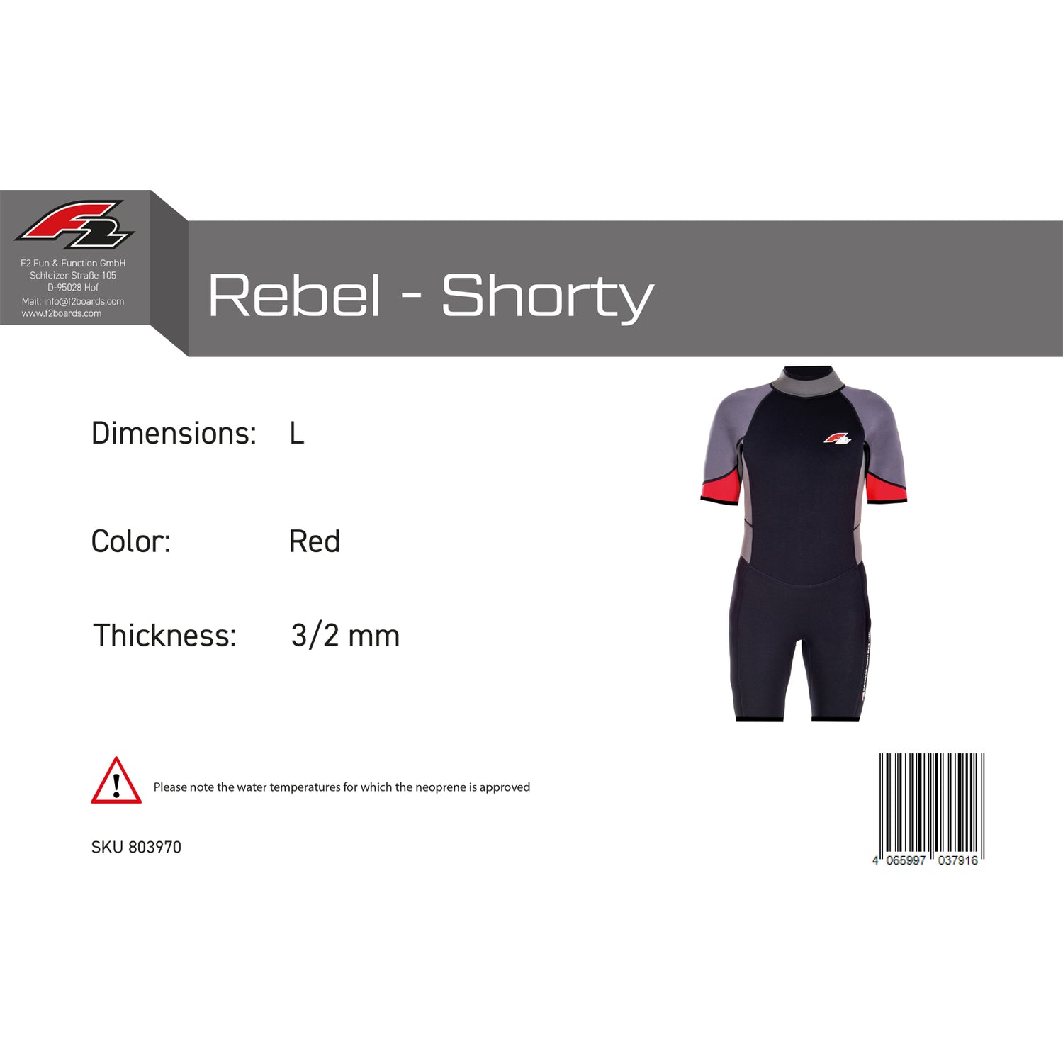 F2 Herren Neopren Anzug Rebel - Shorty 3/2 mm Farbe/Größe wählbar 2024/25