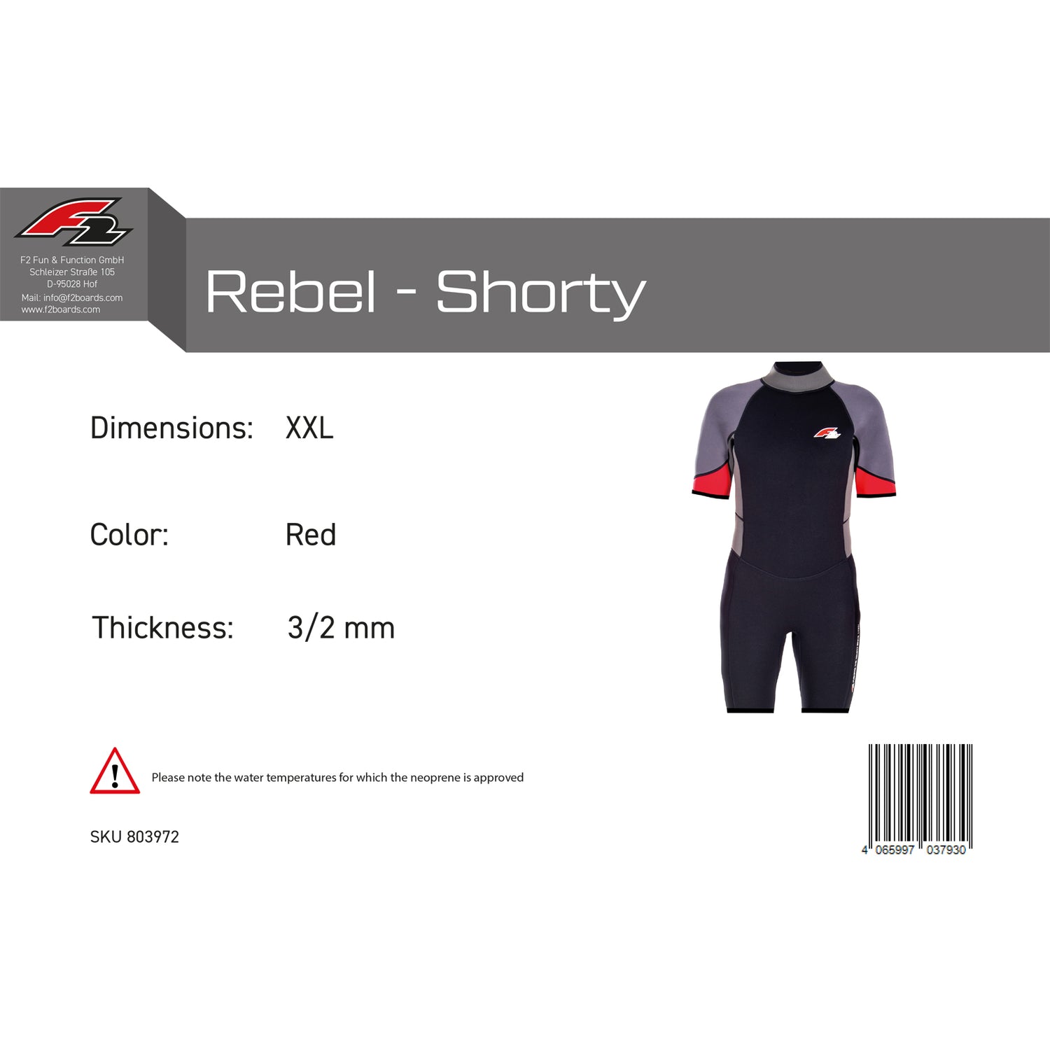 F2 Herren Neopren Anzug Rebel - Shorty 3/2 mm Farbe/Größe wählbar 2024/25