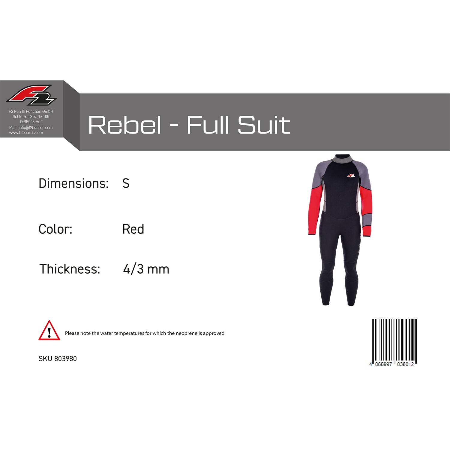 F2 Herren Neopren Anzug Rebel - Full Suit 4/3 mm Farbe/Größe wählbar 2024/25