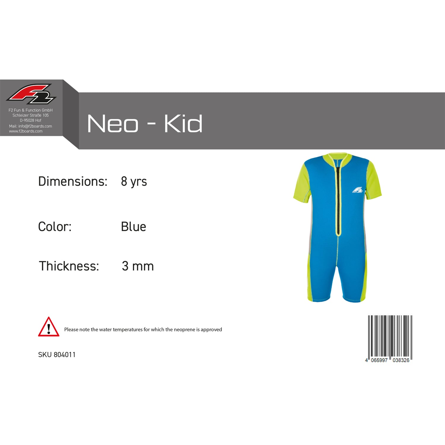 F2 Junior Neopren Anzug Neo - Kid  3mm  4-14yrs Größe wählbar Blau 2024/25