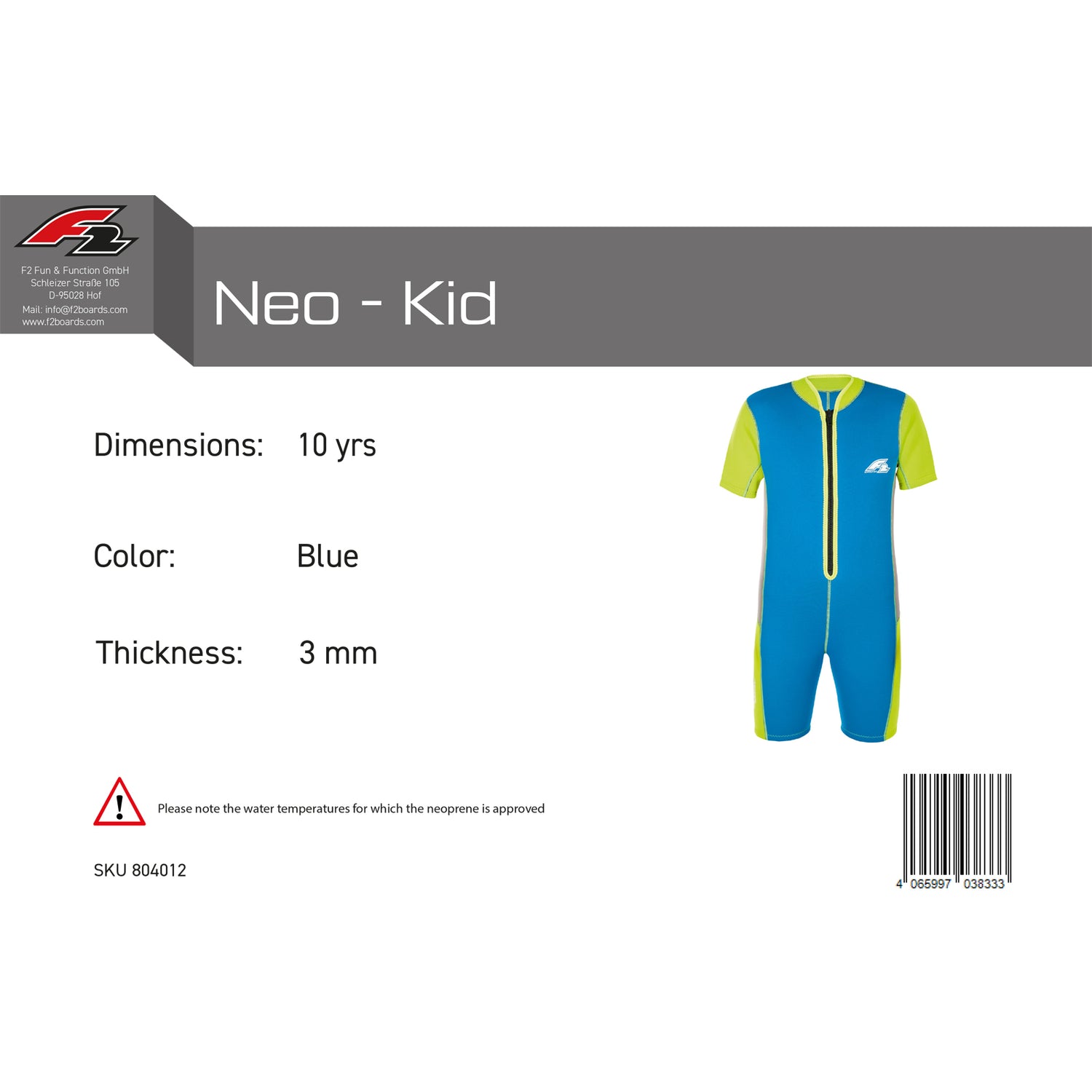 F2 Junior Neopren Anzug Neo - Kid  3mm  4-14yrs Größe wählbar Blau 2024/25