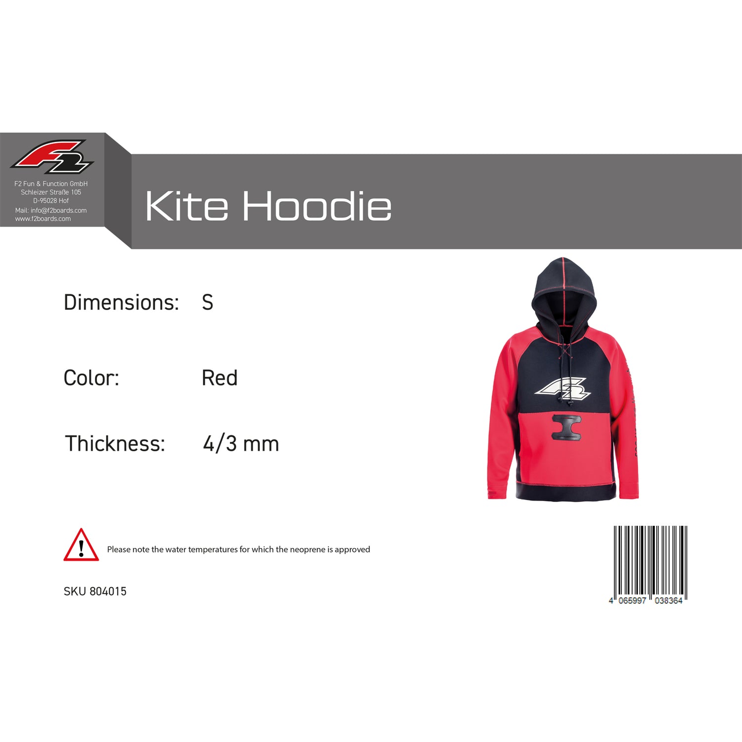 F2 Neopren Oberteil Kite Hoodie 4/3mm Farbe/Größe wählbar 2024/25