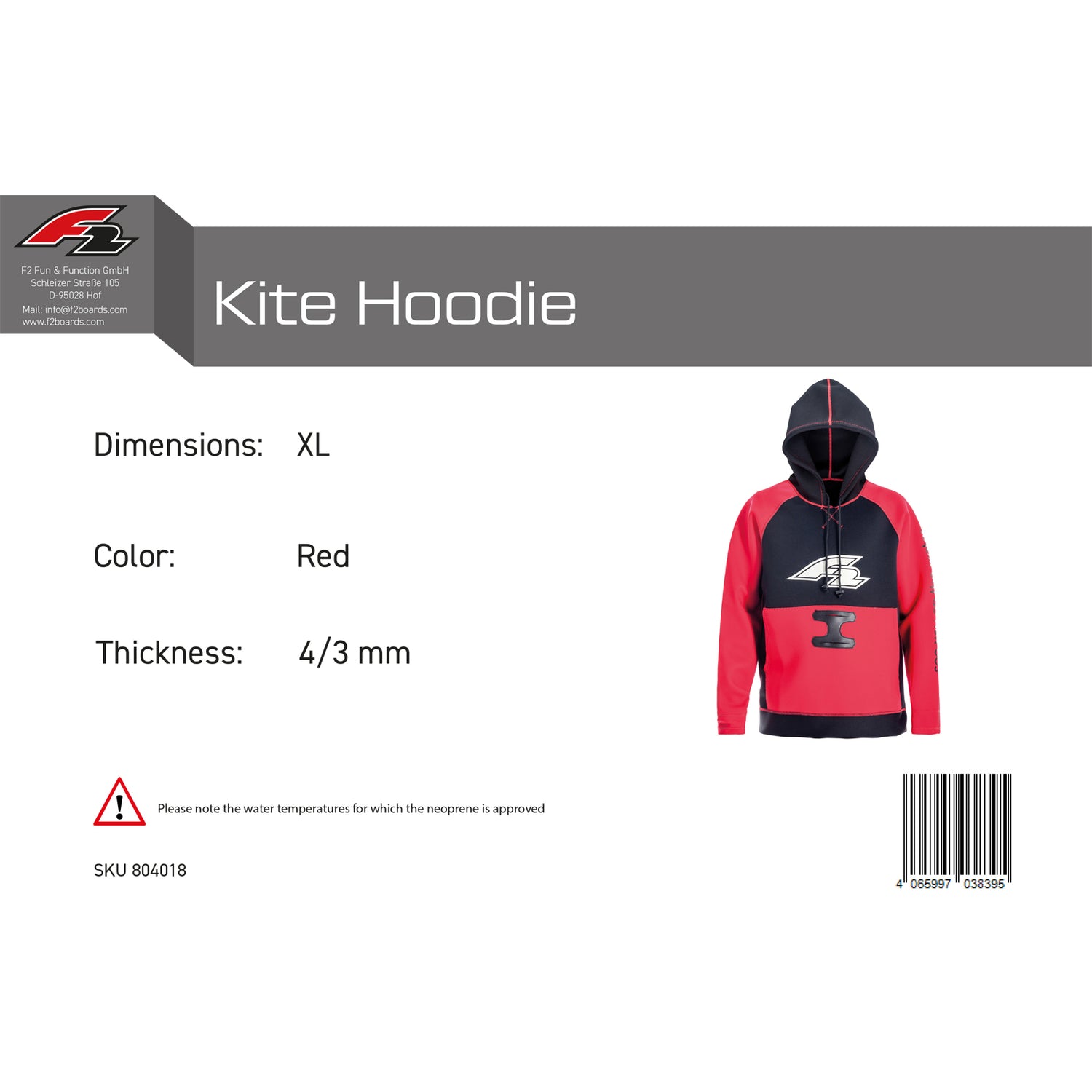 F2 Neopren Oberteil Kite Hoodie 4/3mm Farbe/Größe wählbar 2024/25