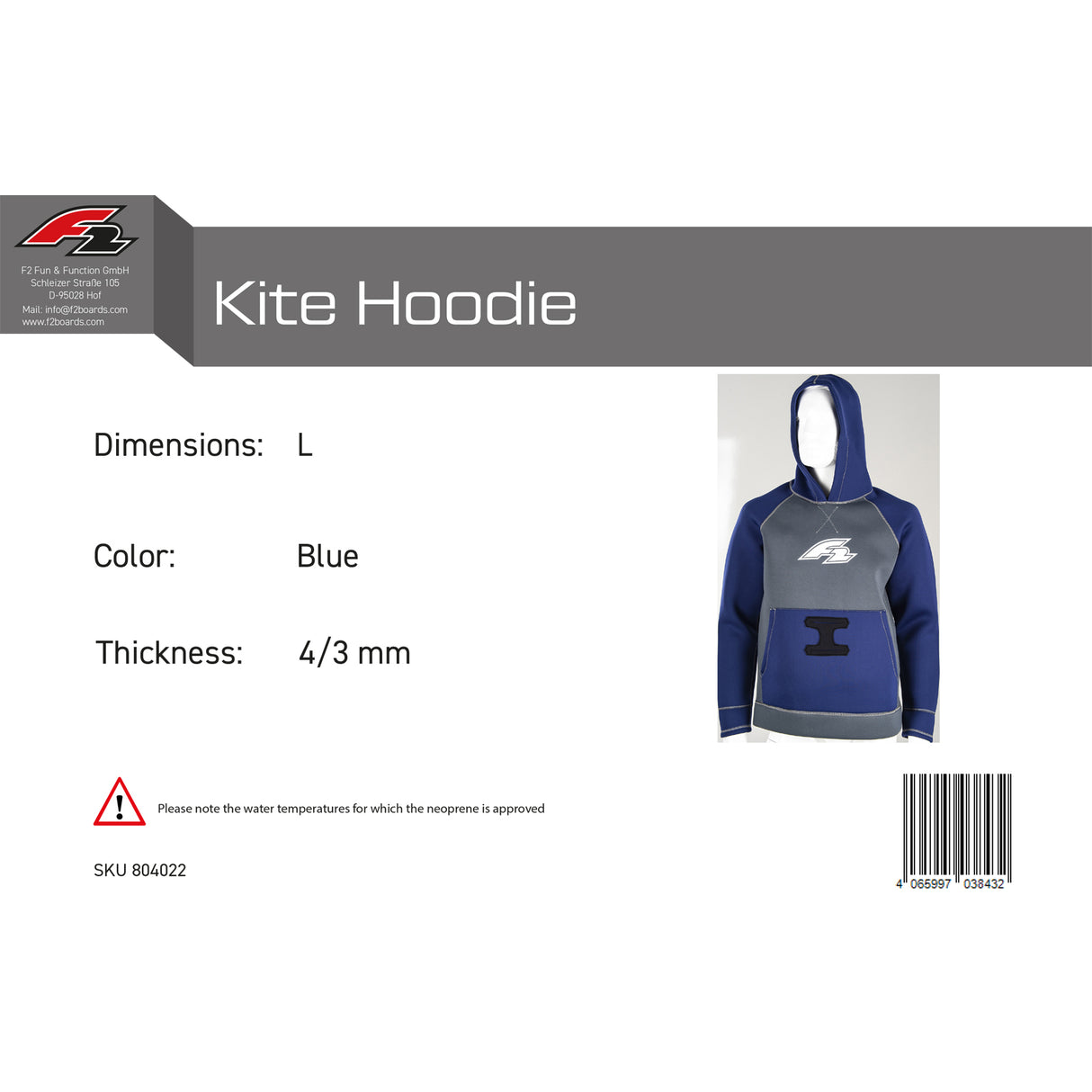 F2 Neopren Oberteil Kite Hoodie 4/3mm Farbe/Größe wählbar 2024/25