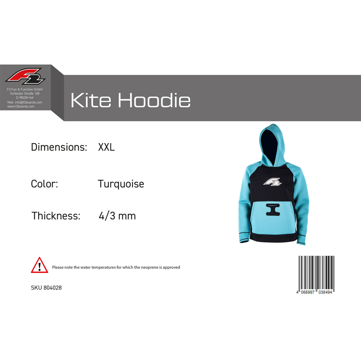 F2 Neopren Oberteil Kite Hoodie 4/3mm Farbe/Größe wählbar 2024/25