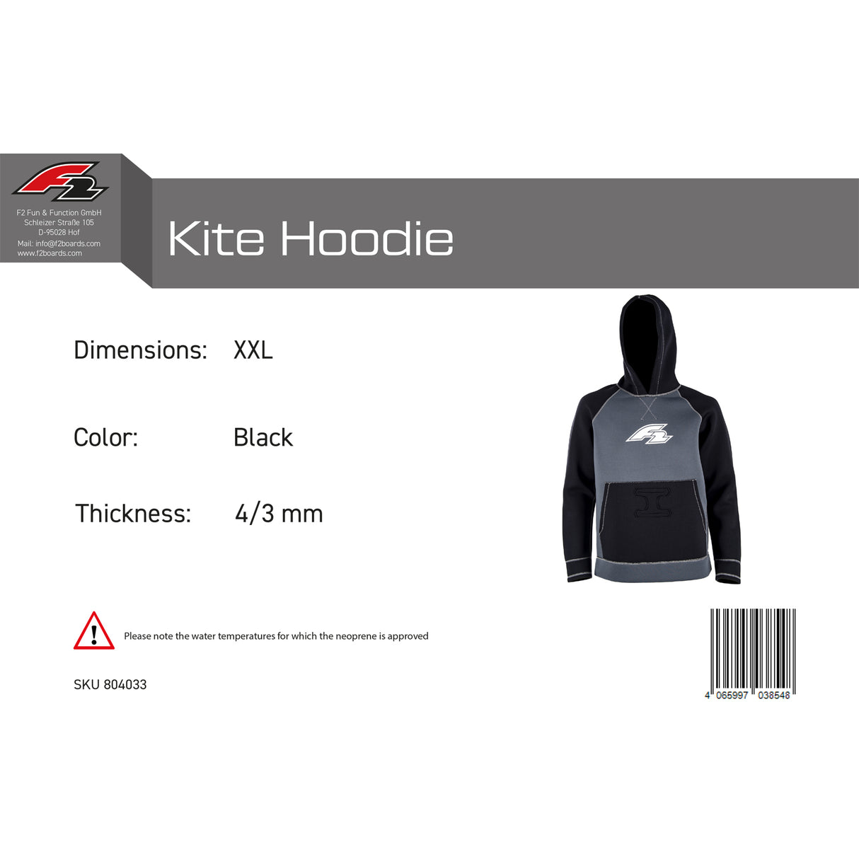 F2 Neopren Oberteil Kite Hoodie 4/3mm Farbe/Größe wählbar 2024/25