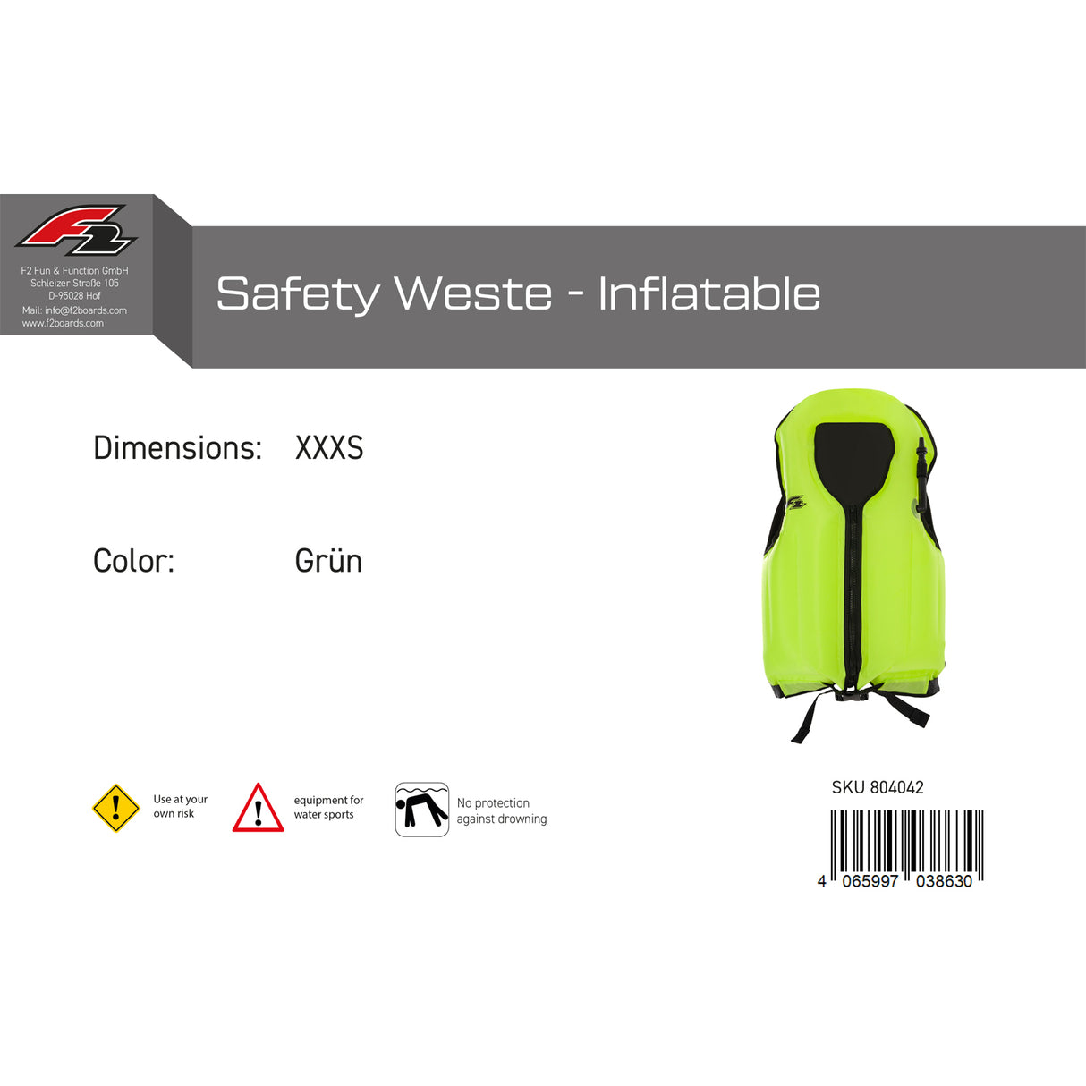 F2 Auftriebsweste Safety Weste - Inflatable Farbe/Größe wählbar 2024/25