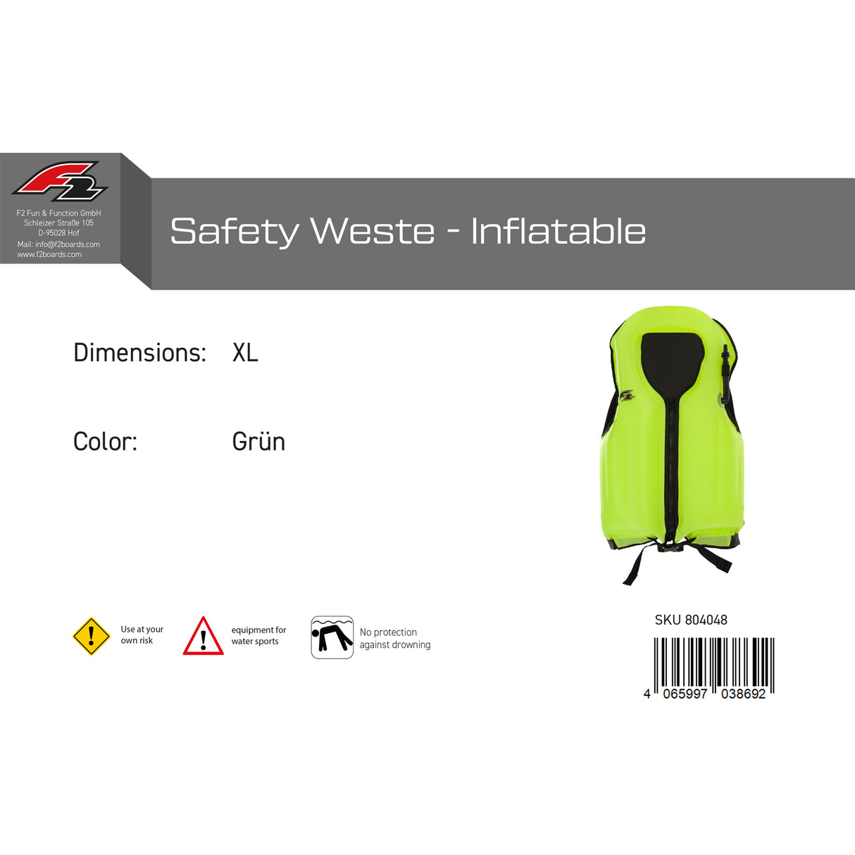 F2 Auftriebsweste Safety Weste - Inflatable Farbe/Größe wählbar 2024/25