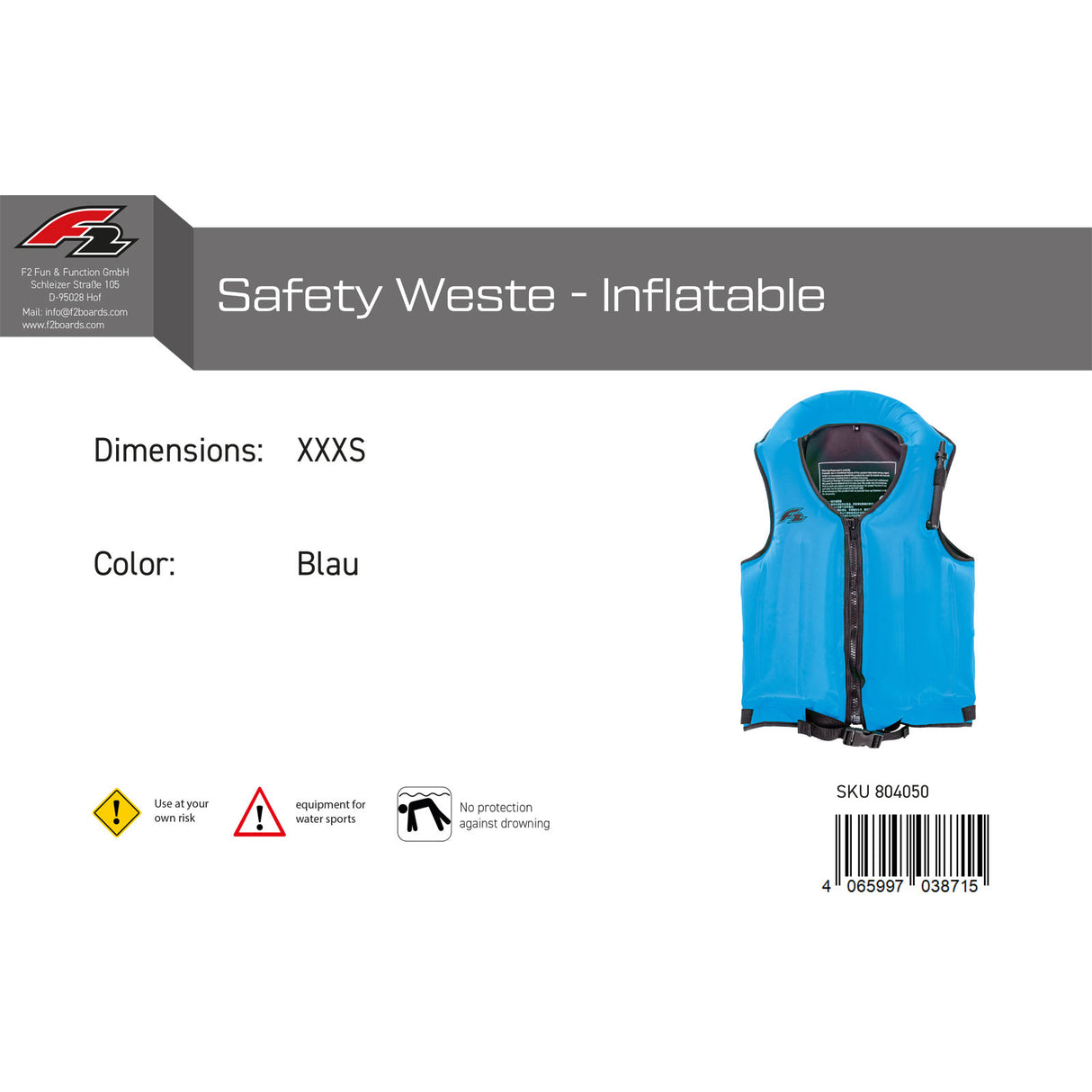 F2 Auftriebsweste Safety Weste - Inflatable Farbe/Größe wählbar 2024/25