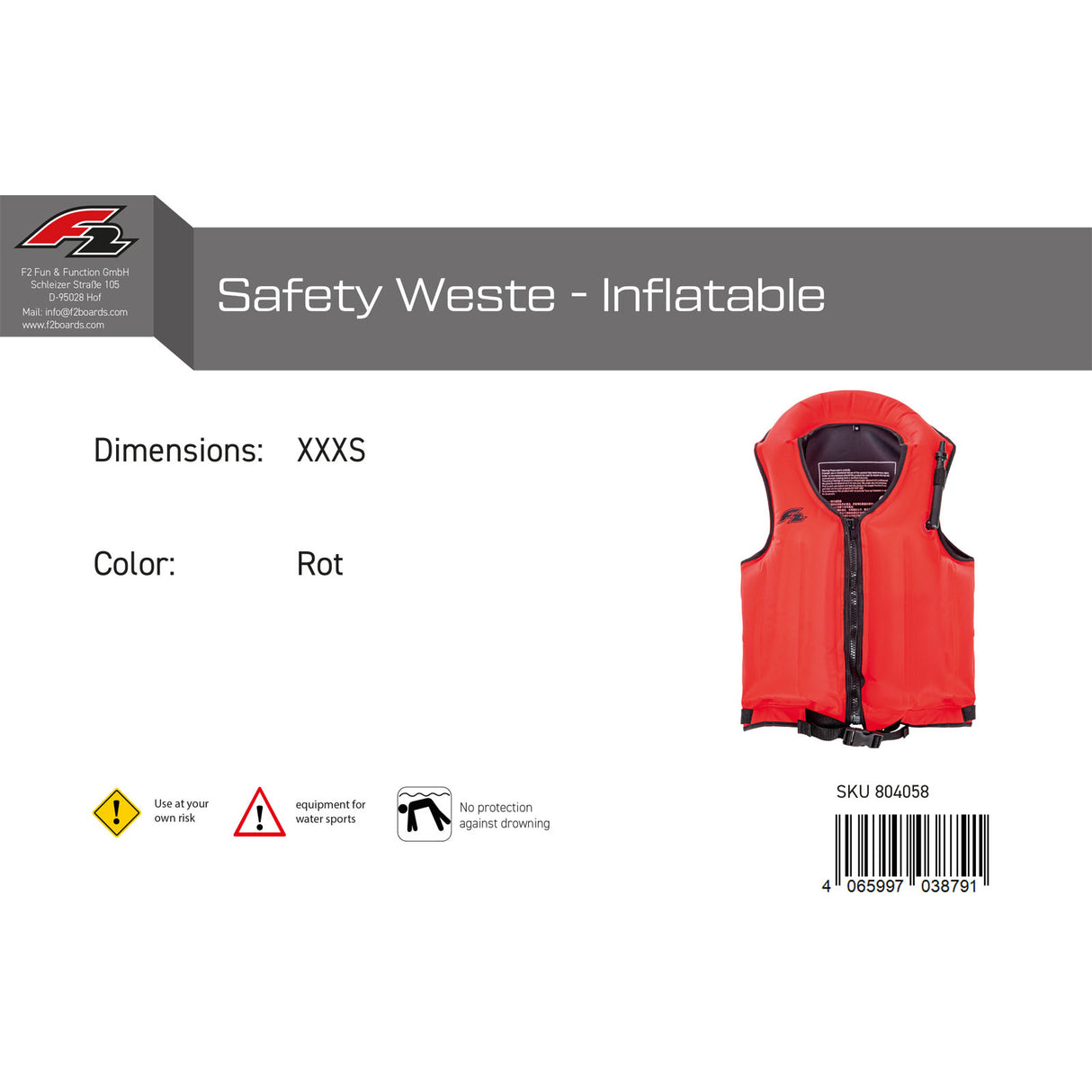 F2 Auftriebsweste Safety Weste - Inflatable Farbe/Größe wählbar 2024/25