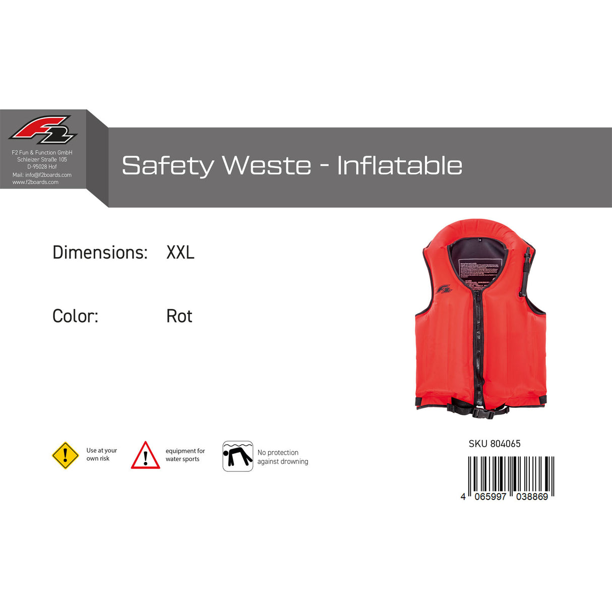 F2 Auftriebsweste Safety Weste - Inflatable Farbe/Größe wählbar 2024/25