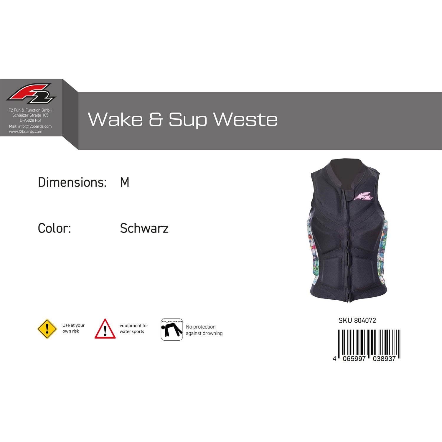 F2 Damen Prallschutz Weste Wake & Sup Weste S-XXL Größe wählbar Schwarz 2024/25