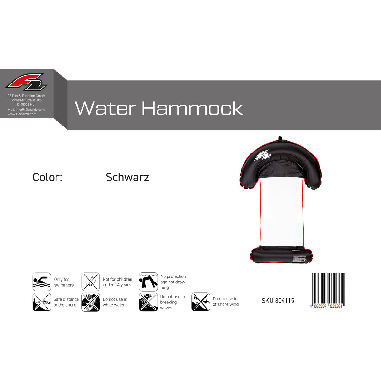 F2    Water Hammock Luftmatratze One Size Schwarz 2024/25