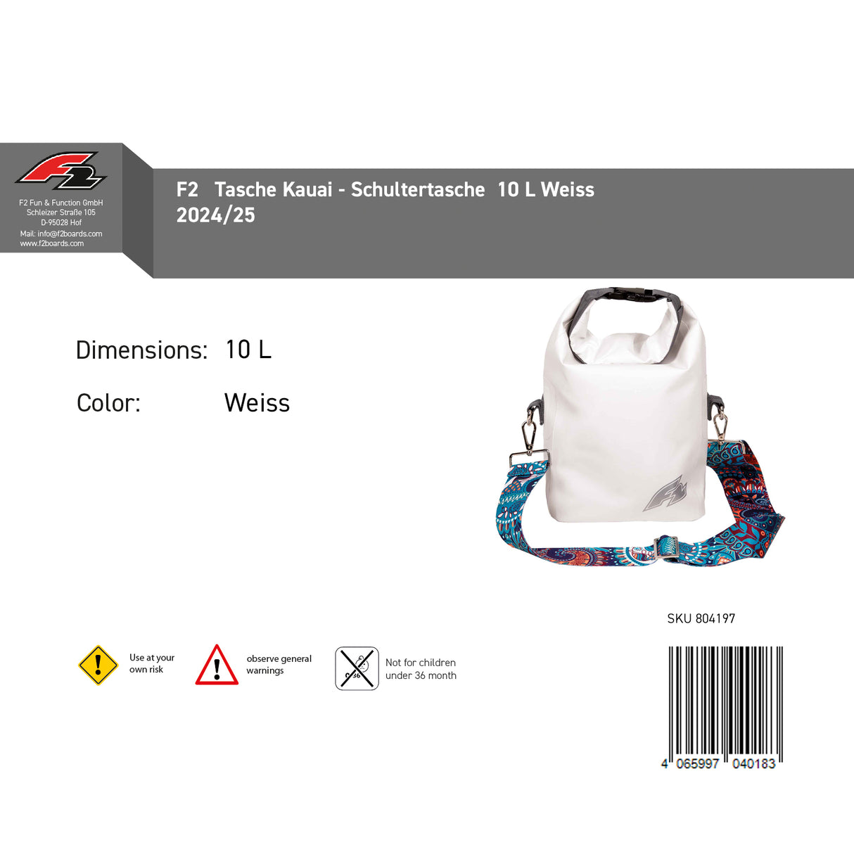 F2 Tasche Kauai - Schultertasche 6L/10L wählbar Weiss 2024/25