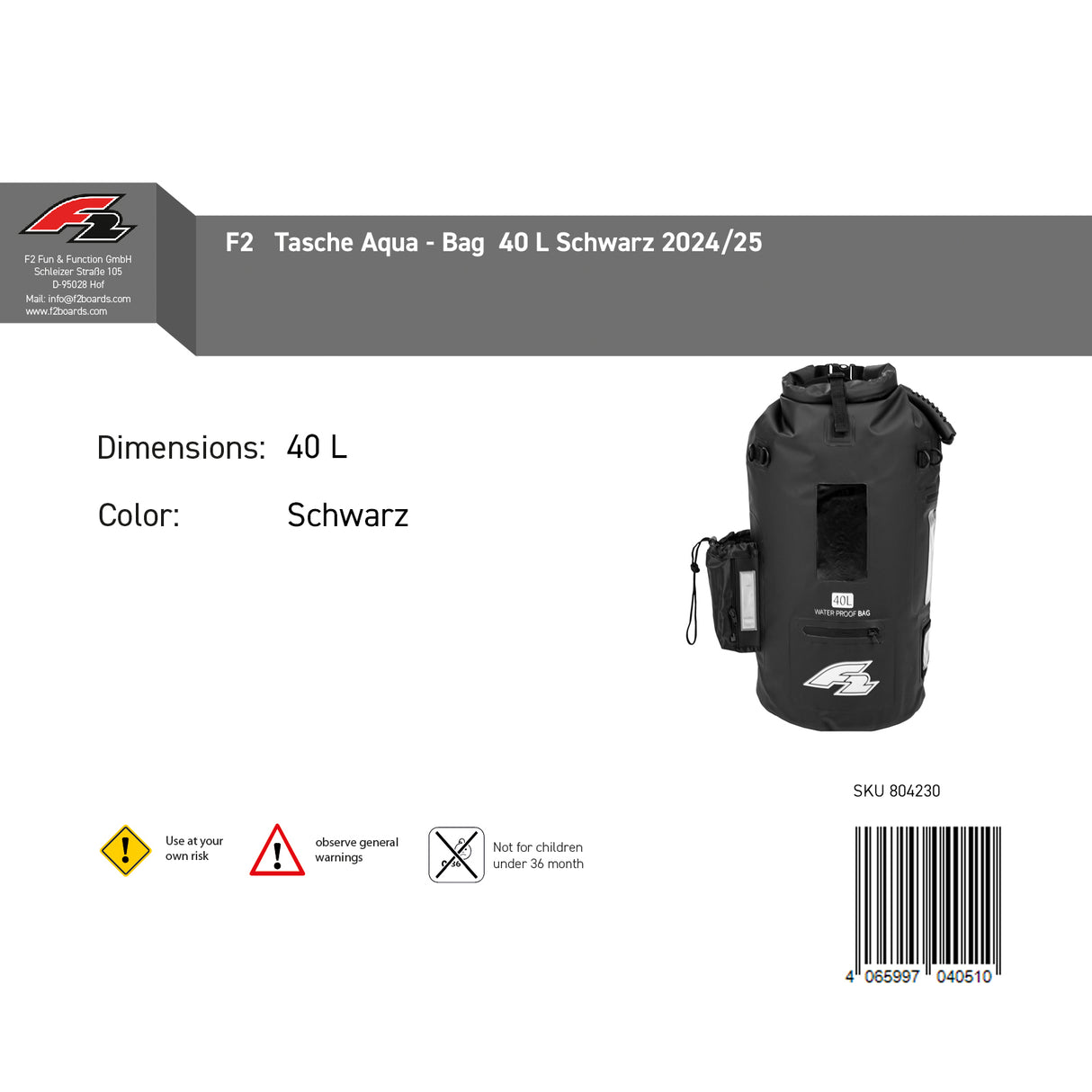 F2 Tasche Aqua - Bag 40L Schwarz/Blau Farbe wählbar 2024/25