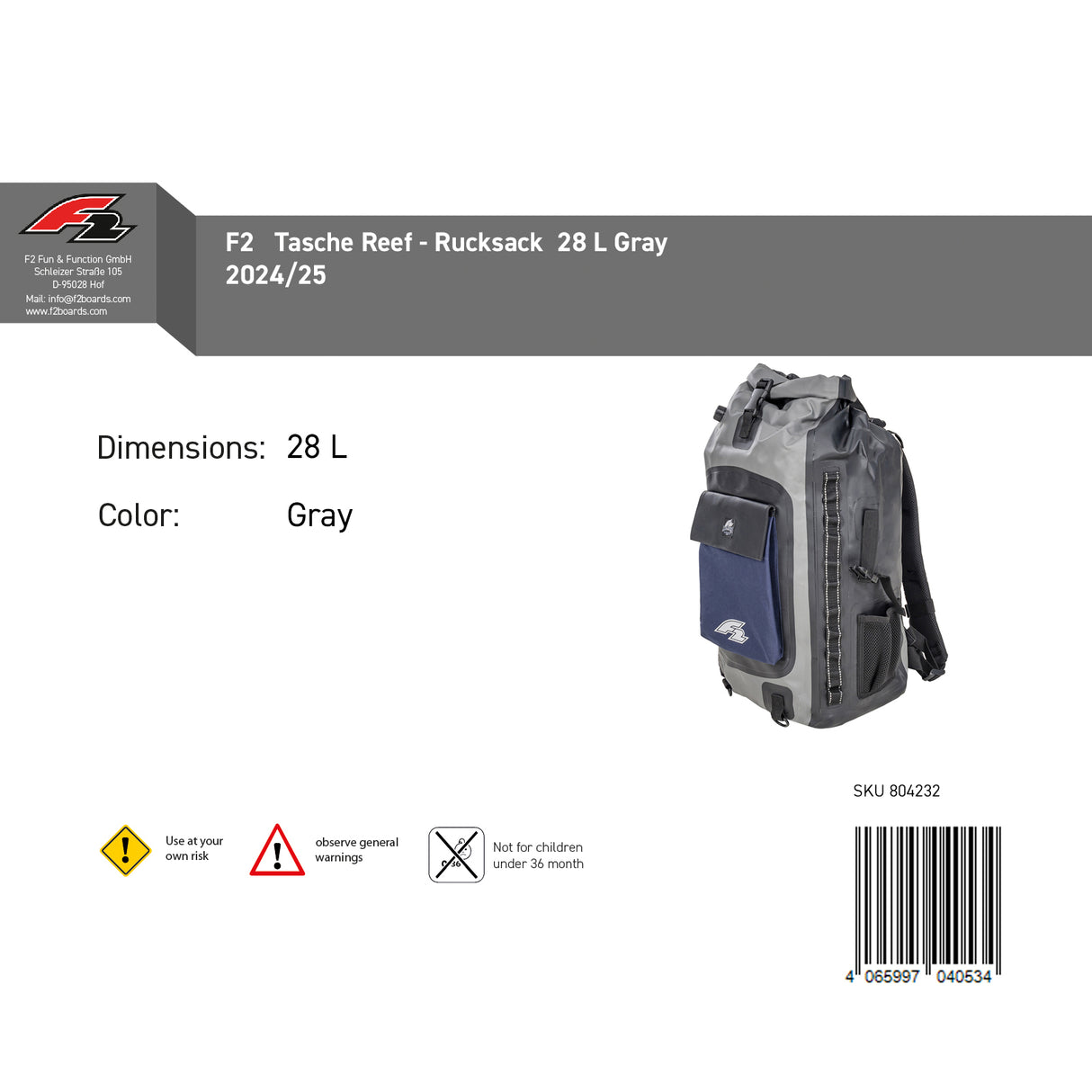 F2 Tasche Reef - Rucksack 28 L Gray 2024/25