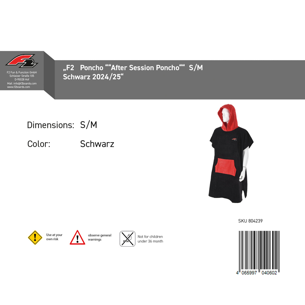 F2 Poncho Surf- Bade- Frottee Poncho Dryrobe Handtuch Modell wählbar Schwarz