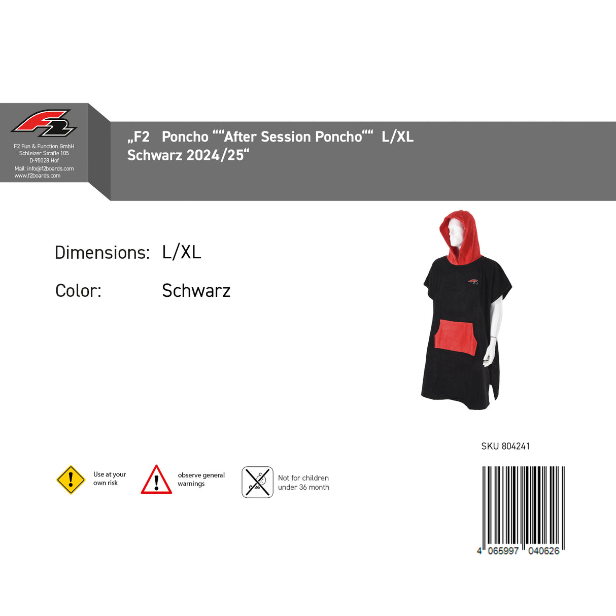 F2 Poncho Surf- Bade- Frottee Poncho Dryrobe Handtuch Modell wählbar Schwarz