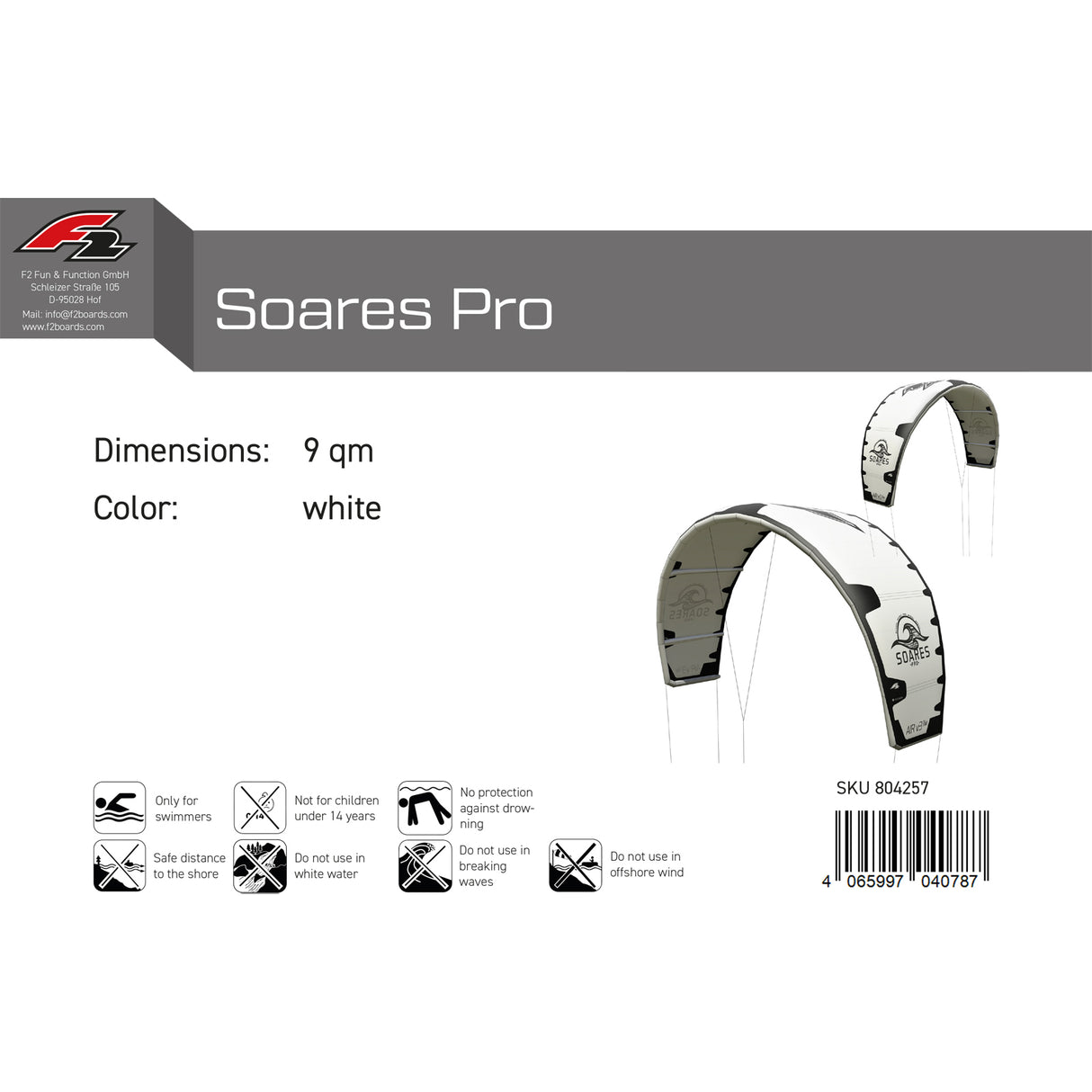 F2 Kite Soares Pro 8-13qm Größe wählbar Weiss 2024/25