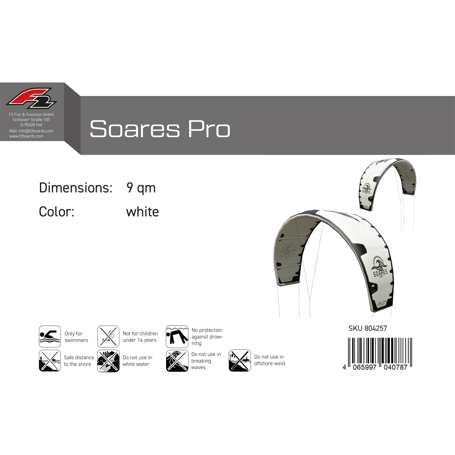 F2 Kite Soares Pro 8-13qm Größe wählbar Weiss 2024/25