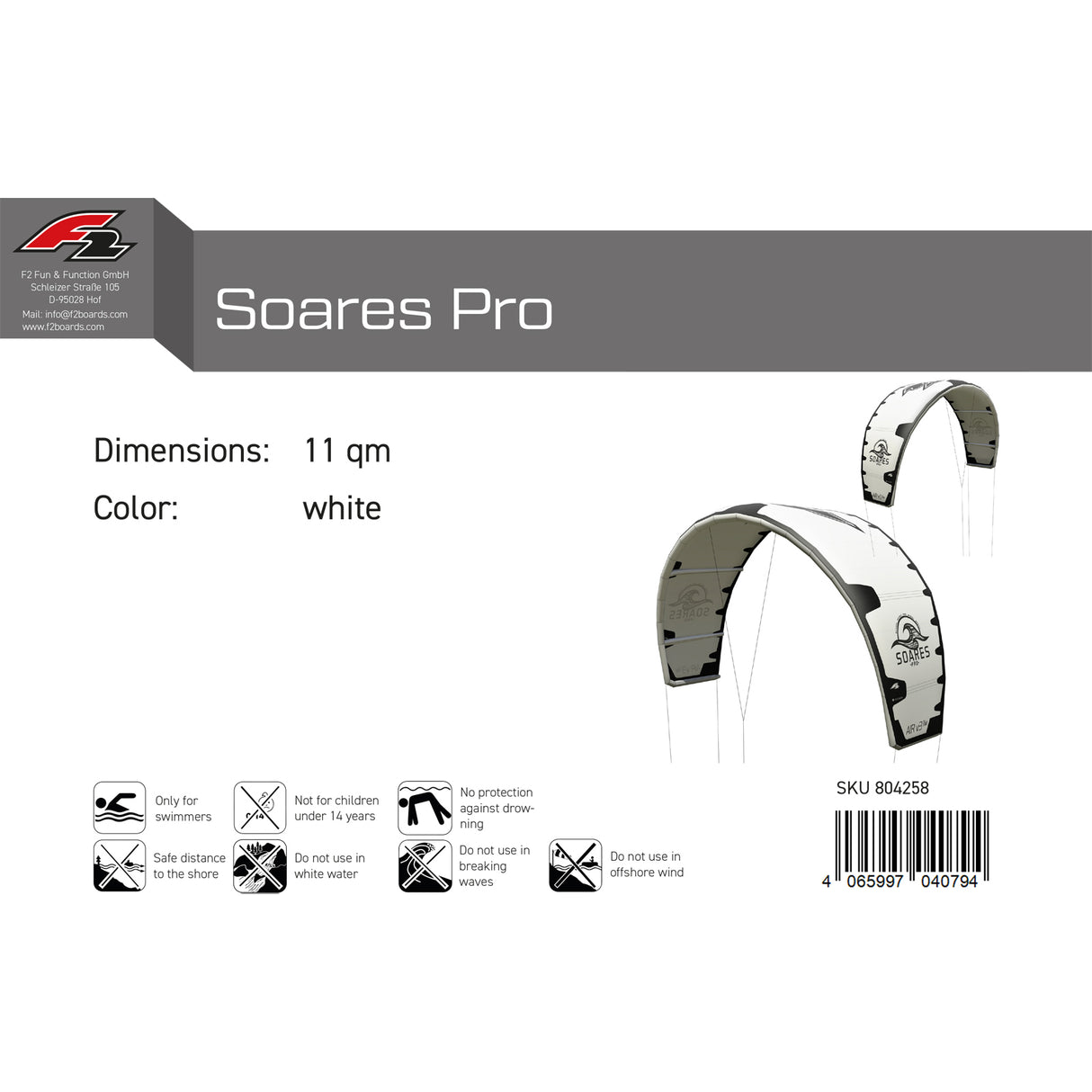 F2 Kite Soares Pro 8-13qm Größe wählbar Weiss 2024/25