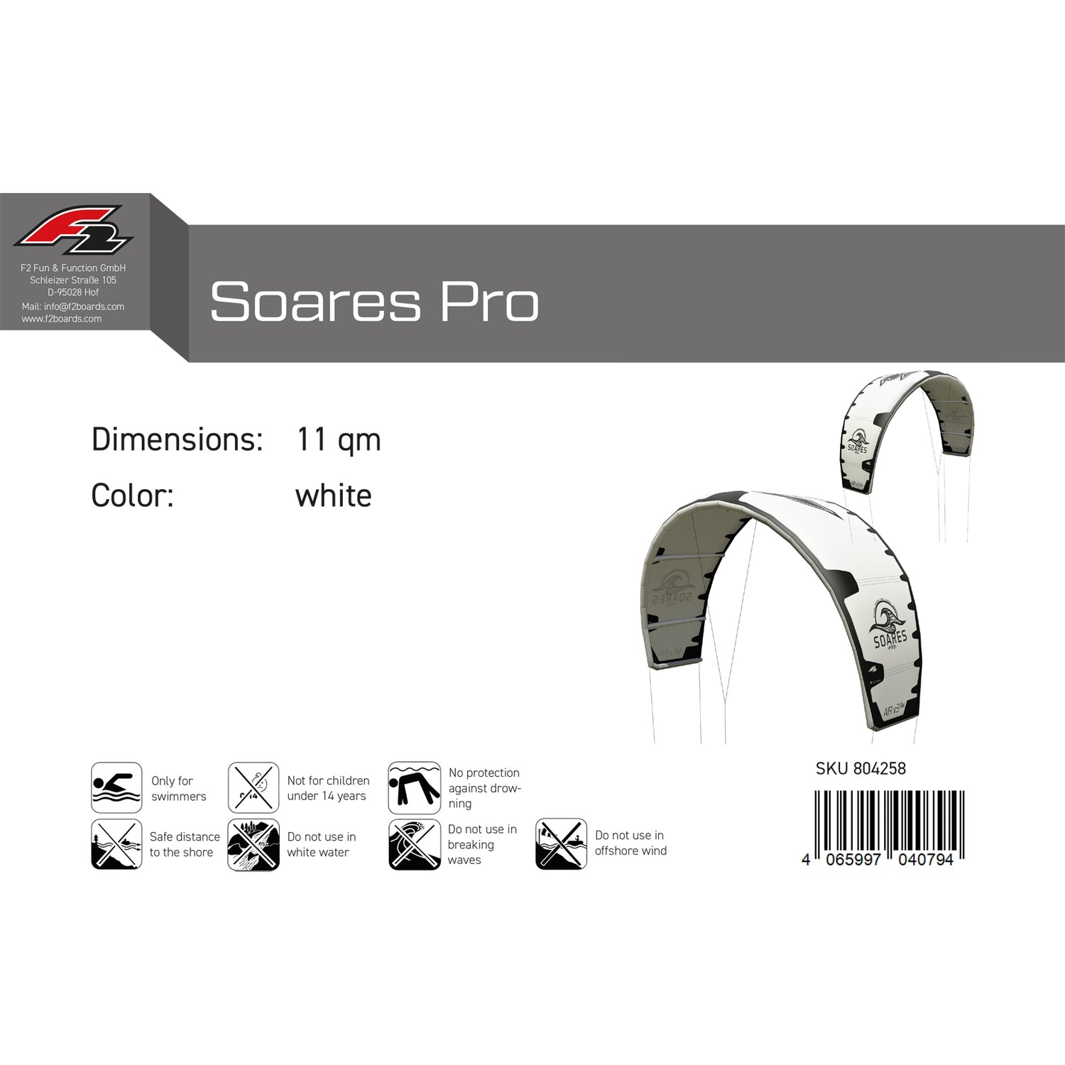 F2 Kite Soares Pro 8-13qm Größe wählbar Weiss 2024/25