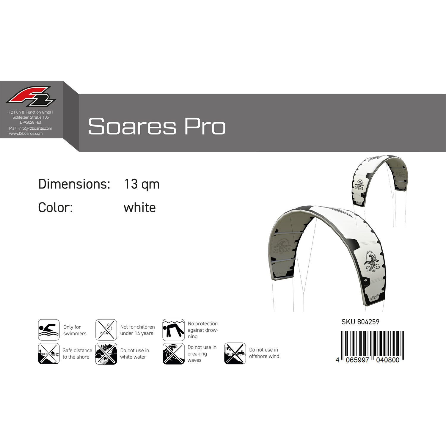 F2 Kite Soares Pro 8-13qm Größe wählbar Weiss 2024/25