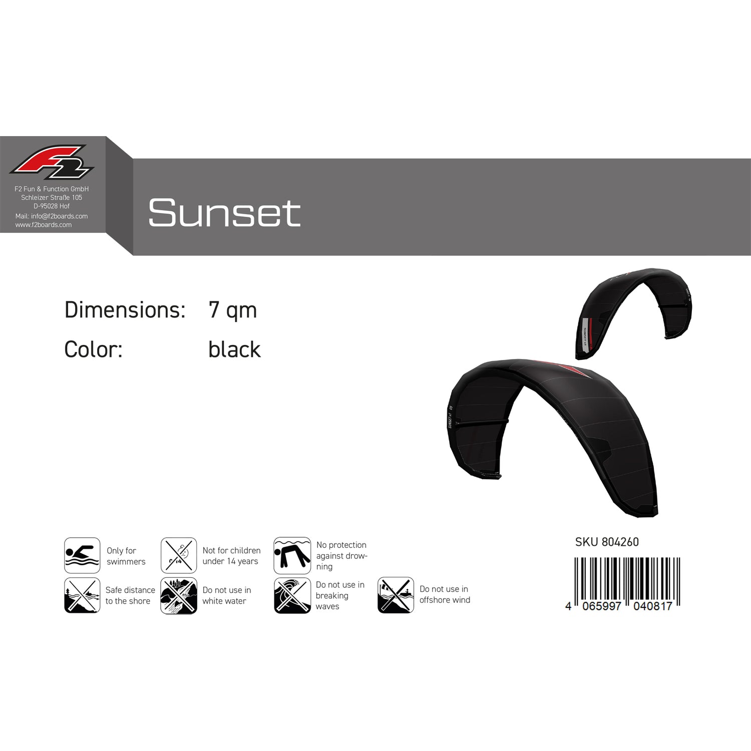 F2 Kite Sunset V1 Größe/Farbe wählbar 2024/25