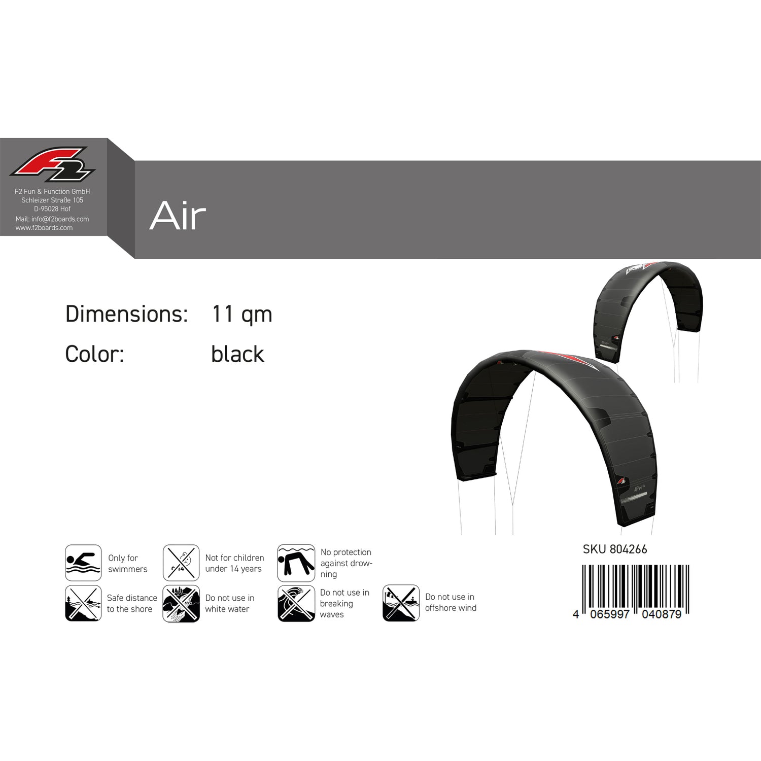 F2 Kite Air V4 8-13qm Größe wählbar Schwarz 2024/25