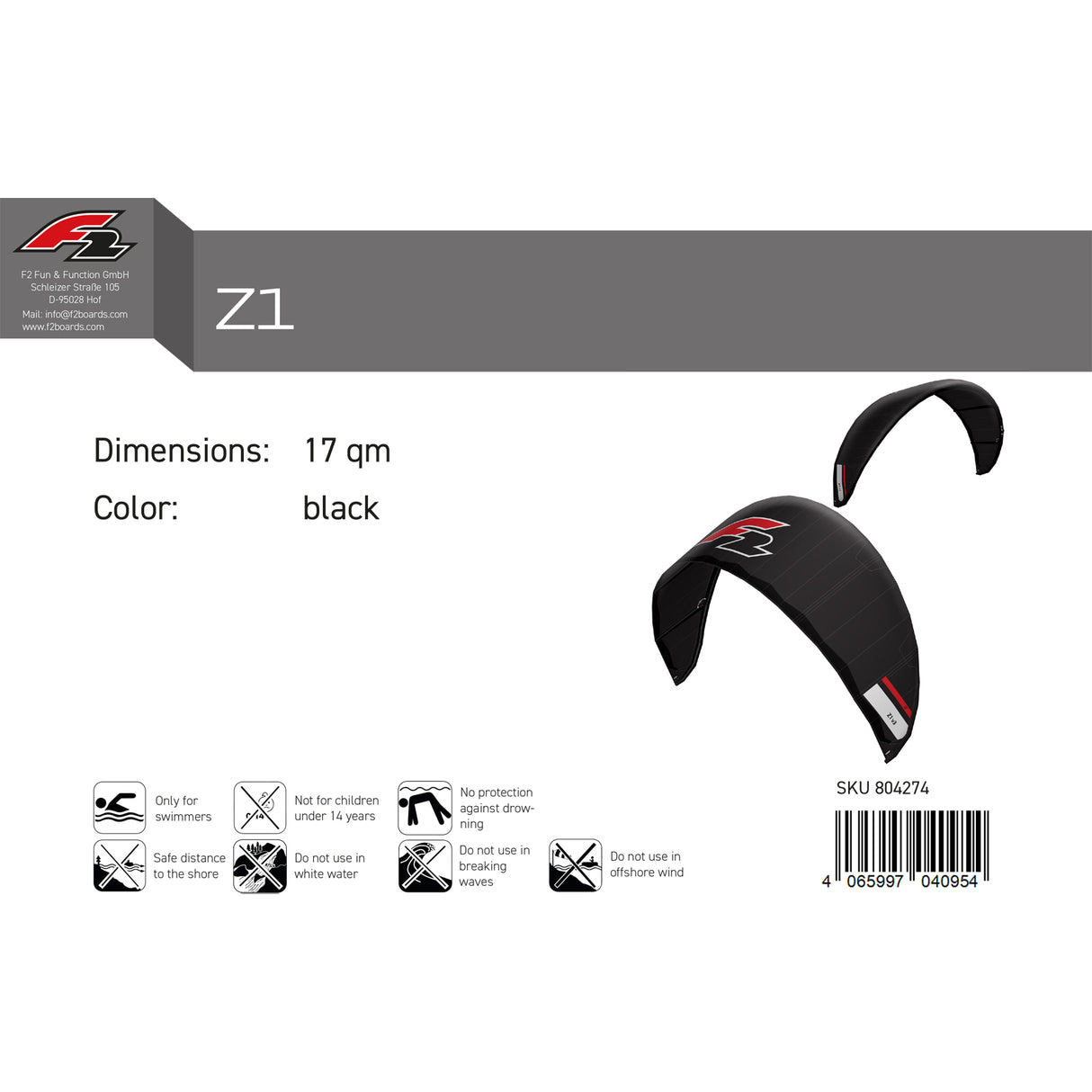 F2 Kite Z1 V3 17-19qm Größe wählbar Schwarz 2024/25