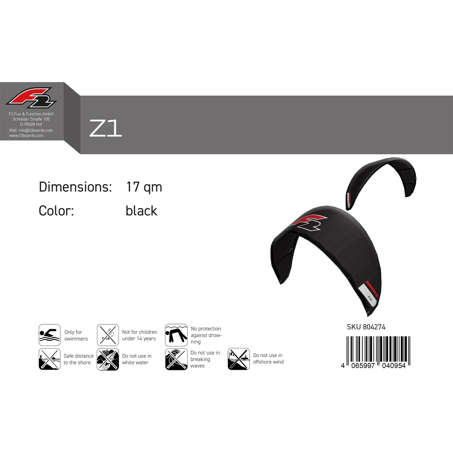 F2 Kite Z1 V3 17-19qm Größe wählbar Schwarz 2024/25