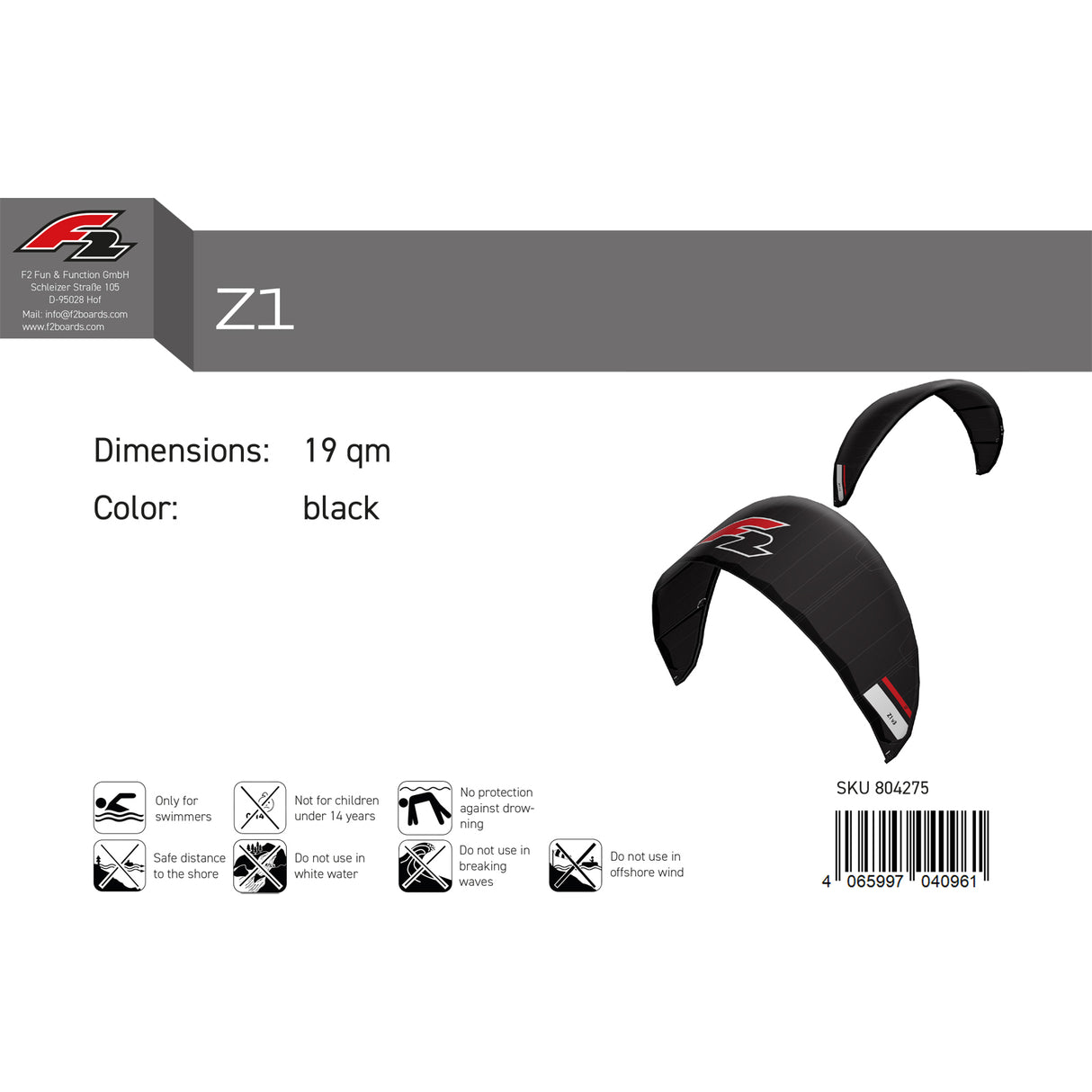 F2 Kite Z1 V3 17-19qm Größe wählbar Schwarz 2024/25