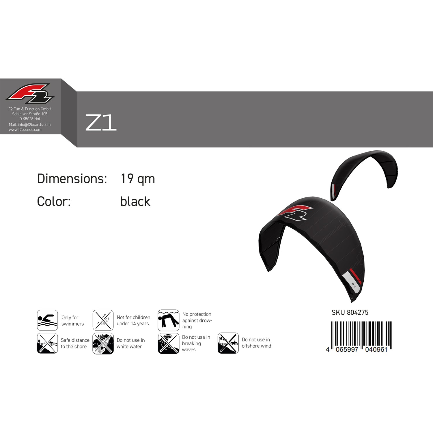 F2 Kite Z1 V3 17-19qm Größe wählbar Schwarz 2024/25