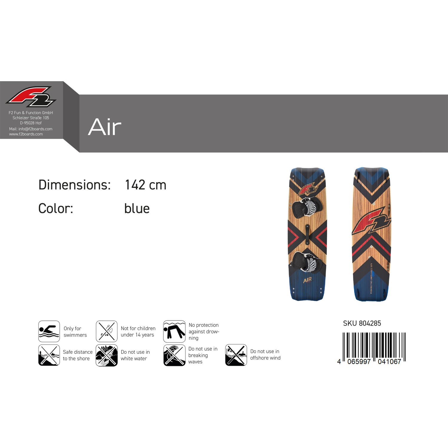 F2 Kiteboard Air Wood 133-142cm Größe wählbar Blau 2024/25