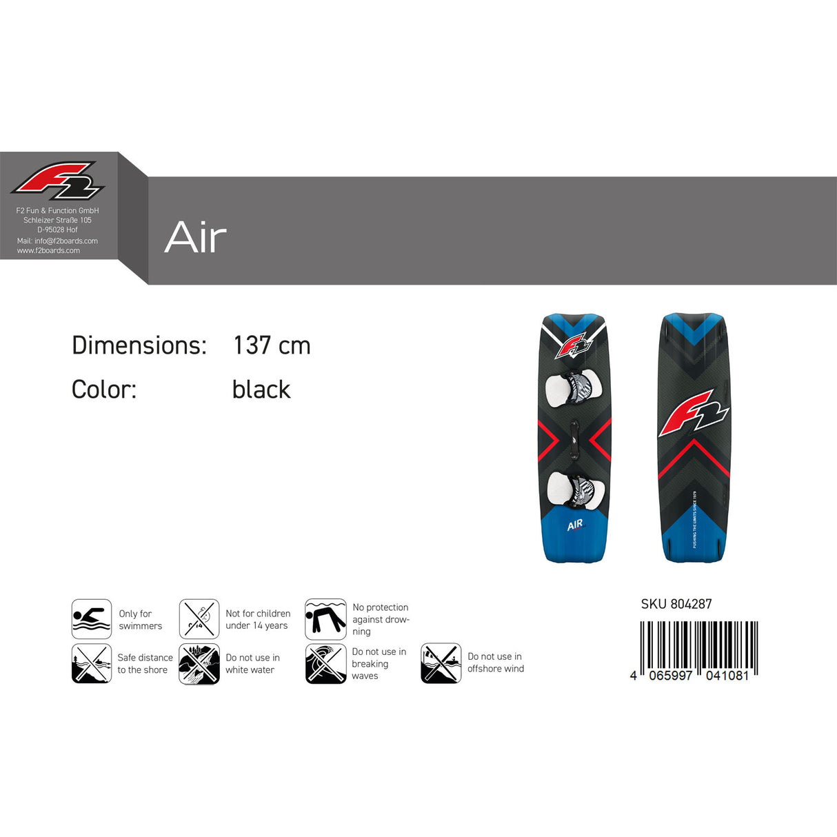 F2 Kiteboard Air Carbon 133-142cm Größe wählbar Schwarz 2024/25
