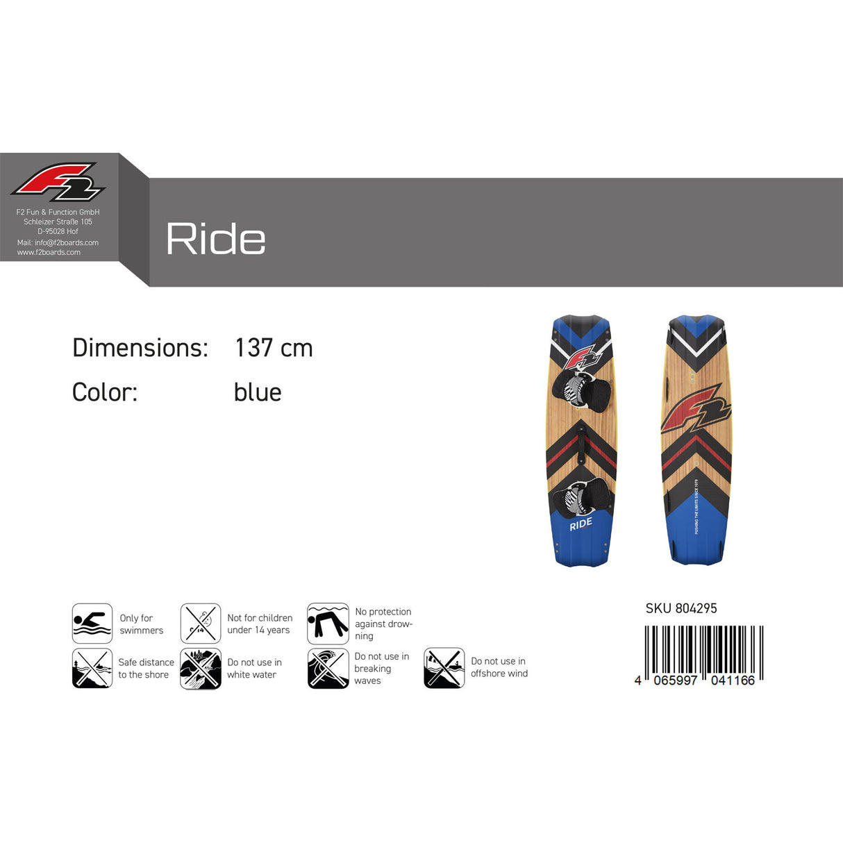 F2 Kiteboard Ride Wood 133-141cm Größe wählbar Blau 2024/25