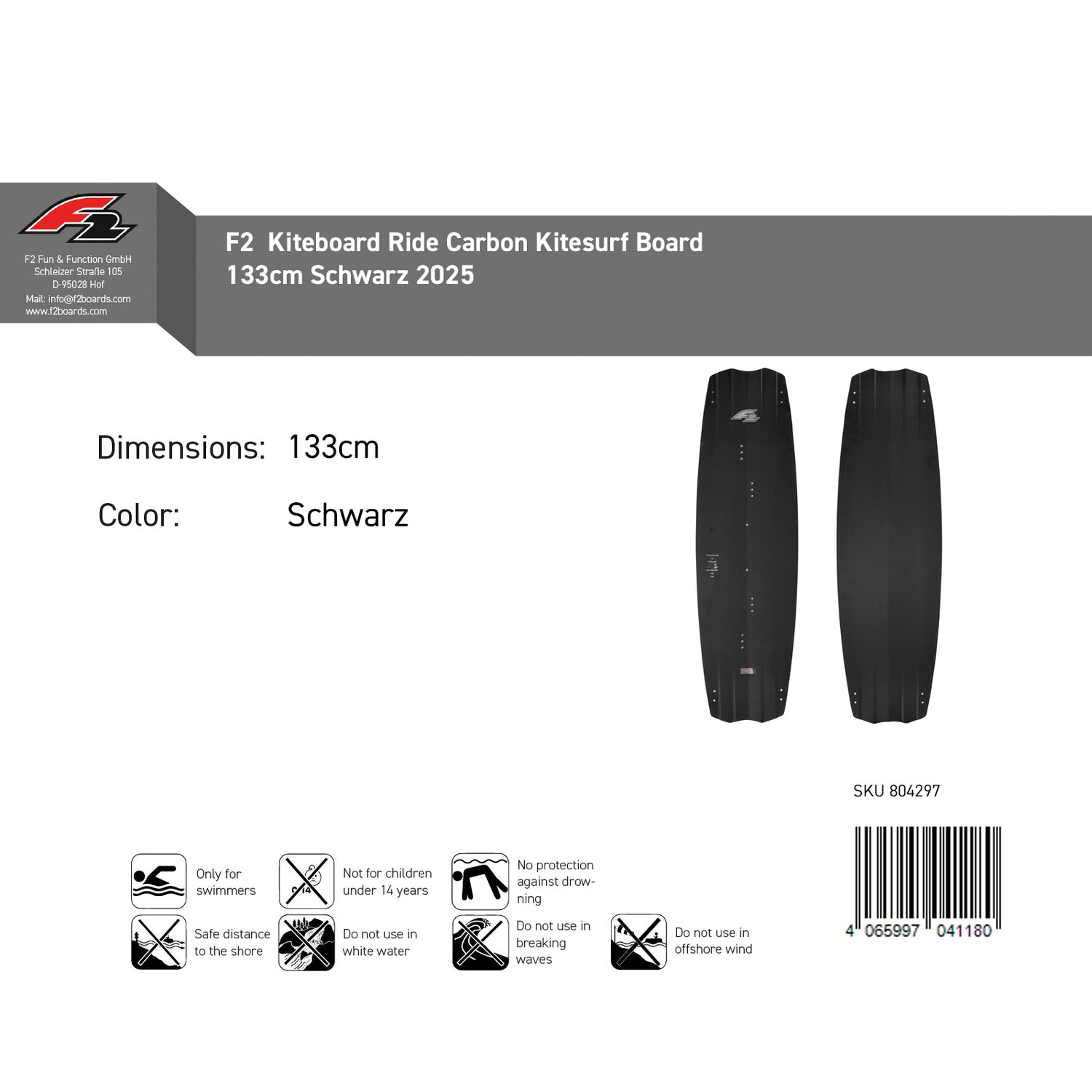 F2 Kiteboard Ride Carbon 133-141cm Größe wählbar Schwarz 2024/25